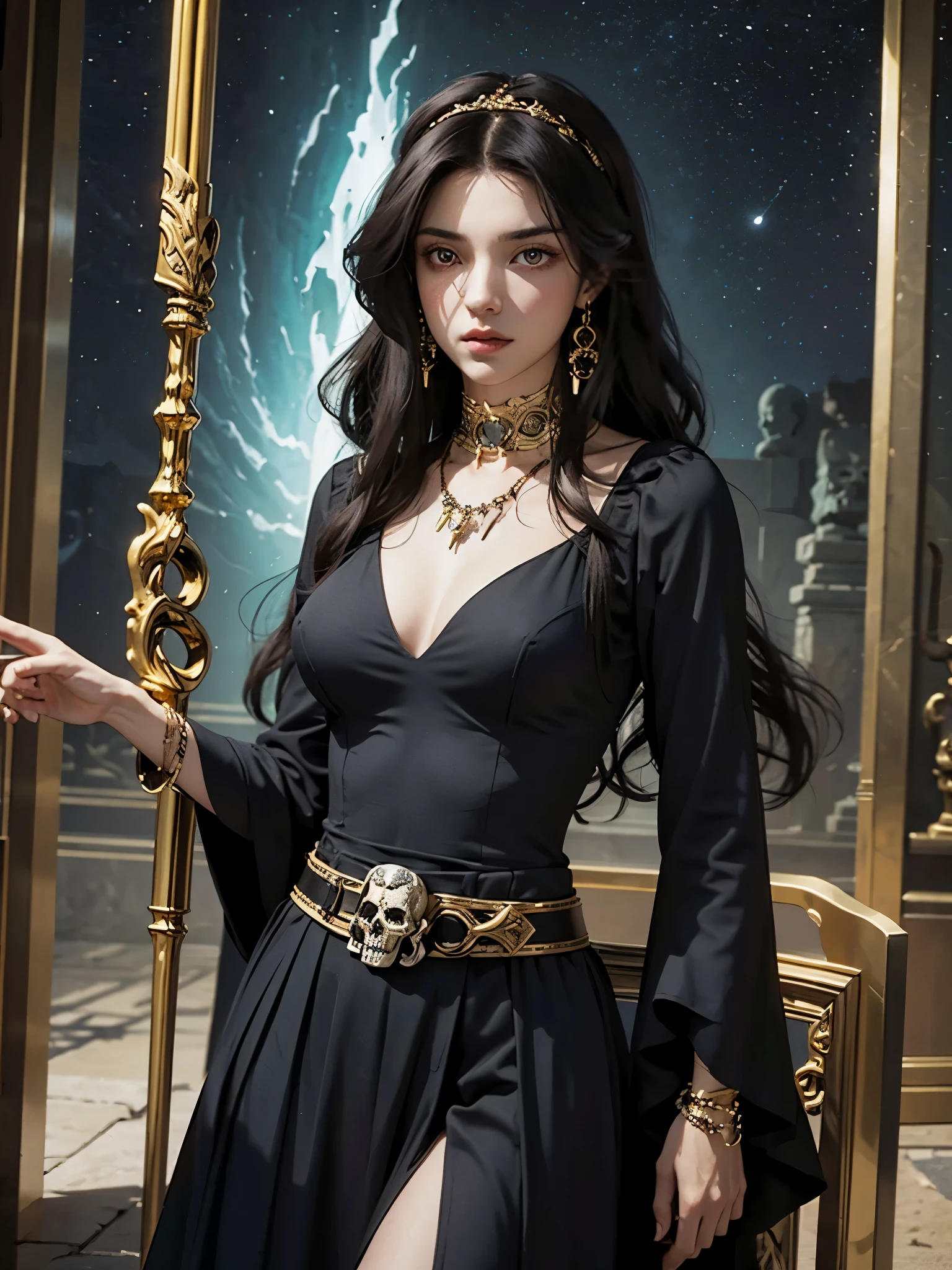 1 girl, solo, details, masterpiece, best quality, photorealistic realism, beautiful girl, long hair, black hair, skull headband, gold earrings, red eyes, beautiful face, skull necklace, perfect body, large breast, open chest, black long dress, skull bracelet, gold earrings, gold belt, musical instrument, stand near ancient chair, dark sky, dark temple,