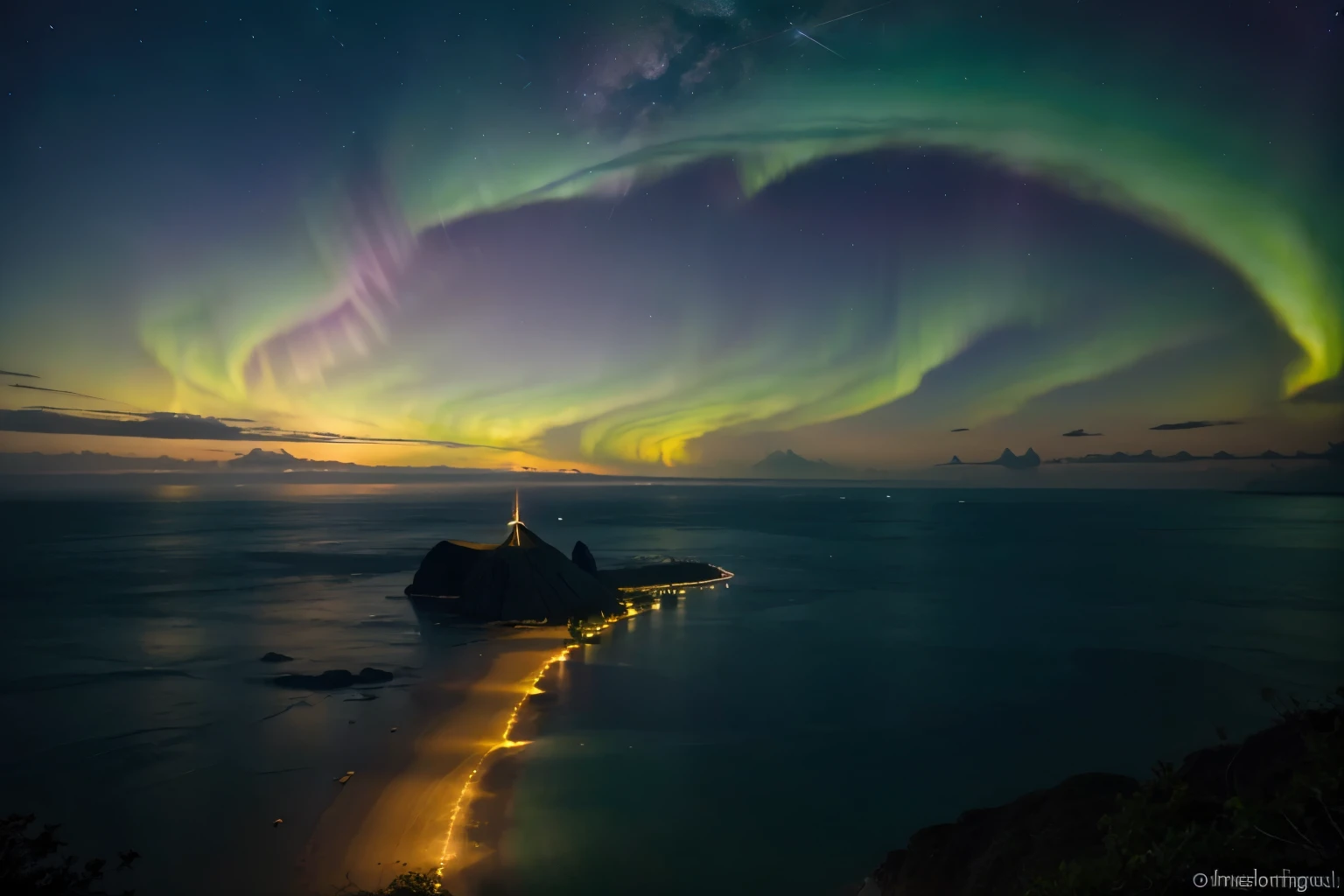 In the hazy, dreamlike scene, the colors of the aurora borealis dance with the glowing streaks of shooting stars above a serene southeast Asian beach. Through the lens of the masterpiece, the viewer is drawn to the small islands dotting the horizon as a meteor shower adds a touch of celestial magic to the summer sky. The stunning image captures the vibrant and colorful display of nature in a top-quality photograph, showcasing the ethereal beauty of a tropical paradise under the night sky.