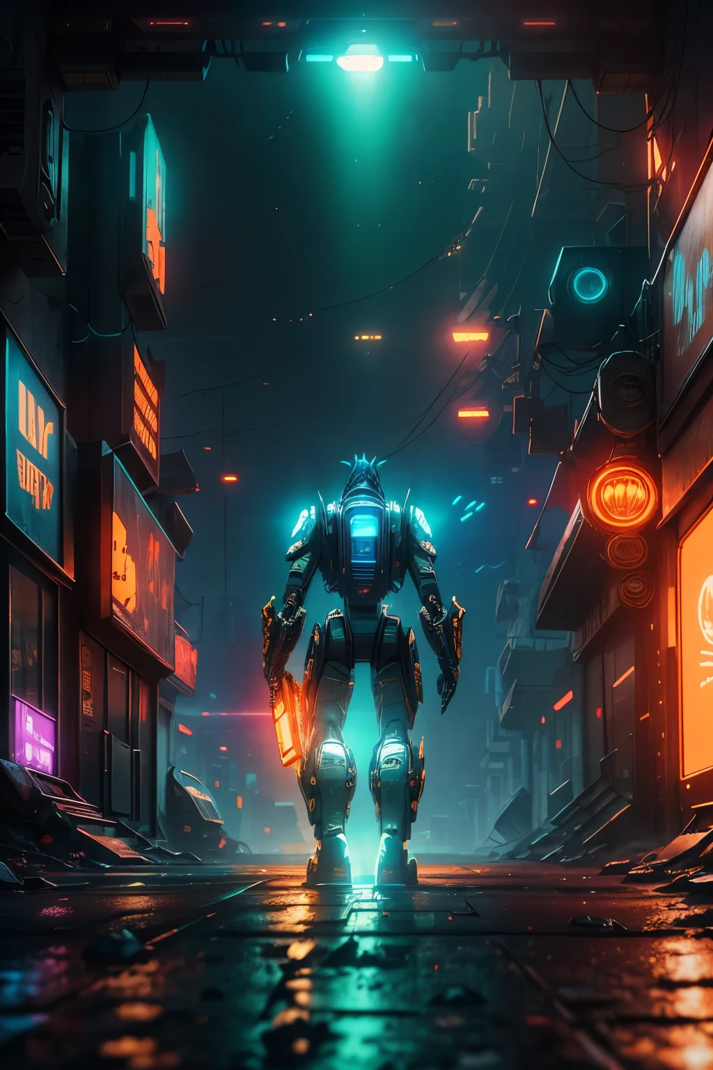 8K Ultra High Definition, Cyberpunk Mecha-Western, Lone Robot Rooster, Barren Planetary Ruins, Weapon in Hand, Glowing Eyes, Orange Mechanized Steed, Science Fiction, Abandoned Cityscape, Realistic Mecha Design, Neon-Lit Streets, Steampunk Chrome and Black Aesthetic, Milky Way Galaxy Background, Glowing Signs, Hoverboards, Holographic Billboards, Lens Flares, Lens Distortion, Volumetric Lighting, Intricately Detailed Textures, Illusory Engine, Lifelike Renderings, Cinematic Lighting, Surreal