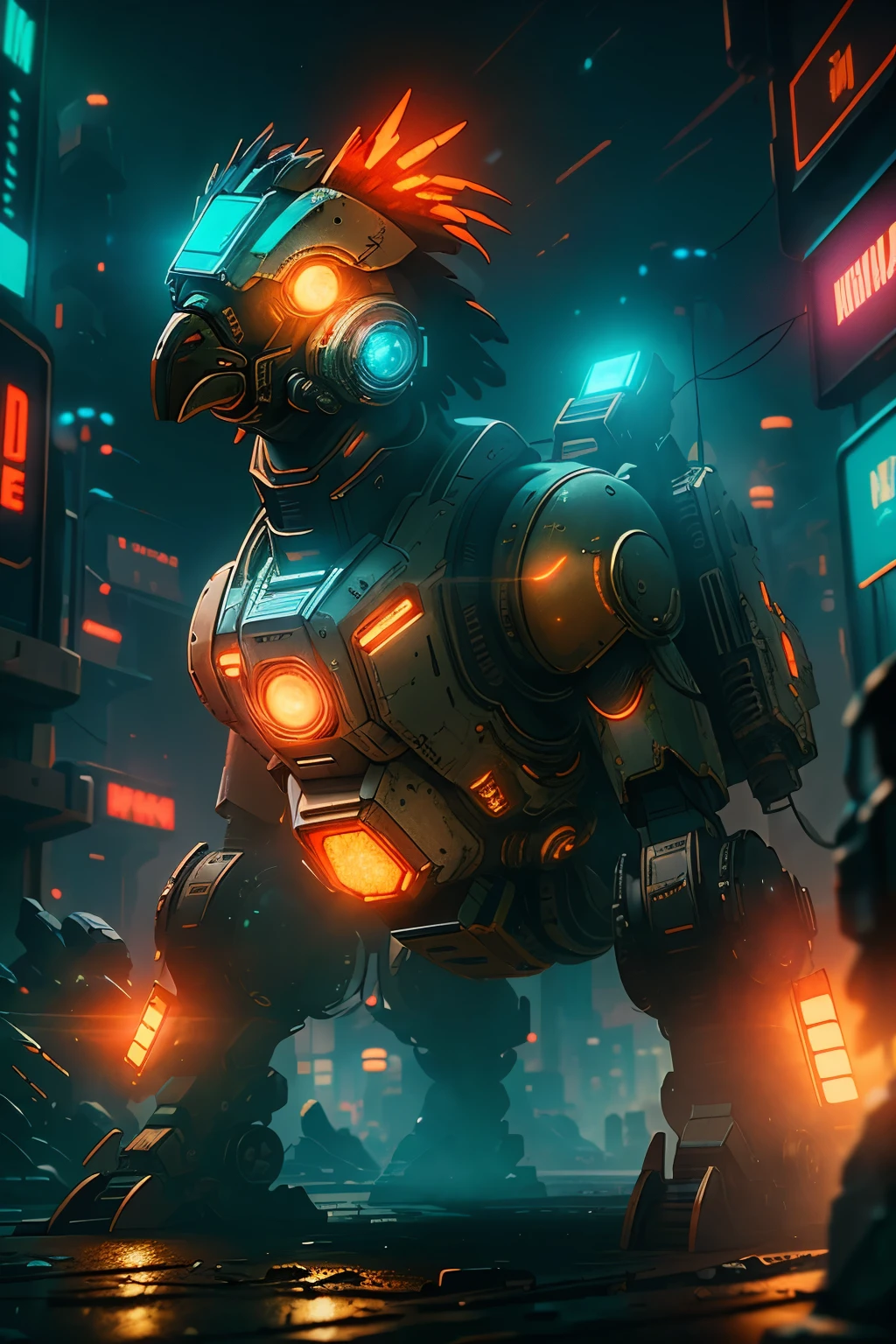 8K Ultra High Definition, Cyberpunk Mecha-Western, Lone Robot Rooster, Barren Planetary Ruins, Weapon in Hand, Glowing Eyes, Orange Mechanized Steed, Science Fiction, Abandoned Cityscape, Realistic Mecha Design, Neon-Lit Streets, Steampunk Chrome and Black Aesthetic, Milky Way Galaxy Background, Glowing Signs, Hoverboards, Holographic Billboards, Lens Flares, Lens Distortion, Volumetric Lighting, Intricately Detailed Textures, Illusory Engine, Lifelike Renderings, Cinematic Lighting, Surreal
