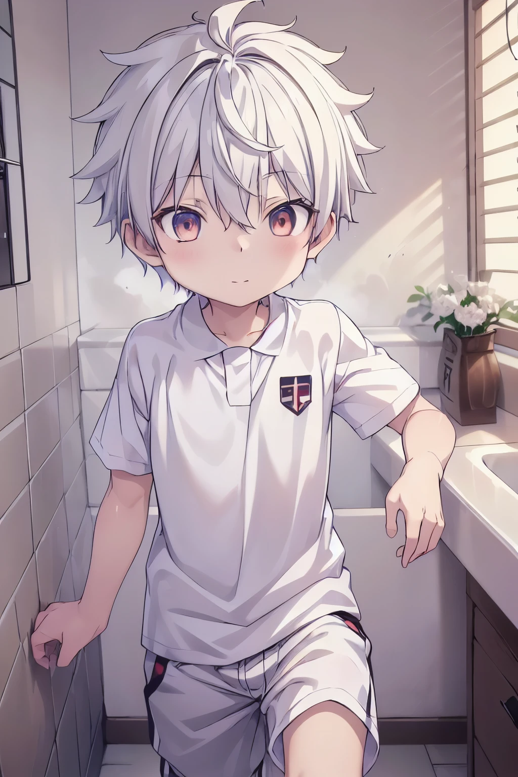 1boy, aoi, masterpiece, ultra detail, male focus, soccer shirt, adorable captivating, white hair , red eyes , white albine skin, japanese style, take a shower on the tub
 