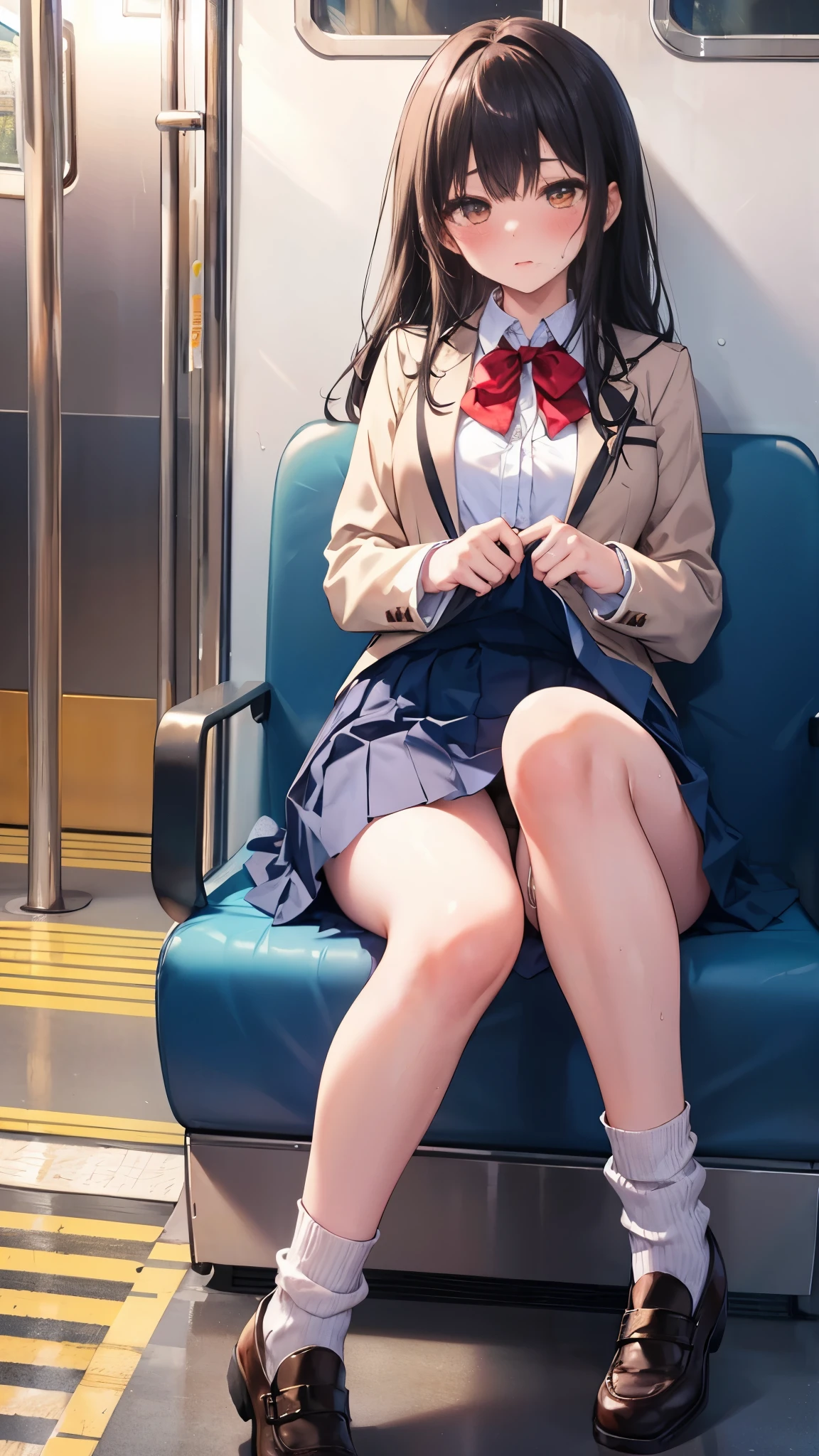 NSFW,4K,Gal:1.3,Anatomically correct,school uniform:1.3,A pure and innocent girl, Very cute face, Like an idol, (masterpiece:1.2), (high quality), panties, loose socks, Hip, Blue Skirt, alone, Blazer Type, loose socks, Lifting clothes, Brown eyes, pure gaze, mini skirt, Lift yourself up, Check skirt, blush,((Mid-chest)), (Sweating profusely), Long Hair, physical education, Beautiful legs, ((in the train))