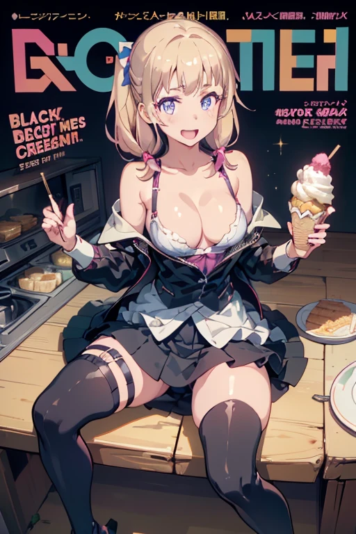 1 girl, small nose, very beautiful detailed face and eyes, bright colors, cute face, delicate beautiful face, Bright magenta eyes, cute eyes, sparkling eyes, Big eyes, (small breasts:1.3), (perky chest:1.1), (pointed chest:1.0), (icecream magazine cover:1.3)，highest quality, WorKs of masters, High resolution,BlacK color hair，shiny hair, side ponytail,hair between eyes,bangs, (black jacket, real clothes, cleavage, black skirts, black thighhighs, thigh strap, fingerless gloves, single glove:1.2) , spread legs, panties shot, medium hips, glamorous body, white skin, smile, thin pubric hair, super beautiful face, Super beautiful eyes, Super beautiful hair，trendy outfit，sexy and attractive,full body esbian, Real World, Natural light,perfect Natural light,(with sparkling eyes and a contagious smile), This masterpiece is not only visually stunning but also tells, make of cake cooking , in the kitchen, open mouth, looking at viewer,

