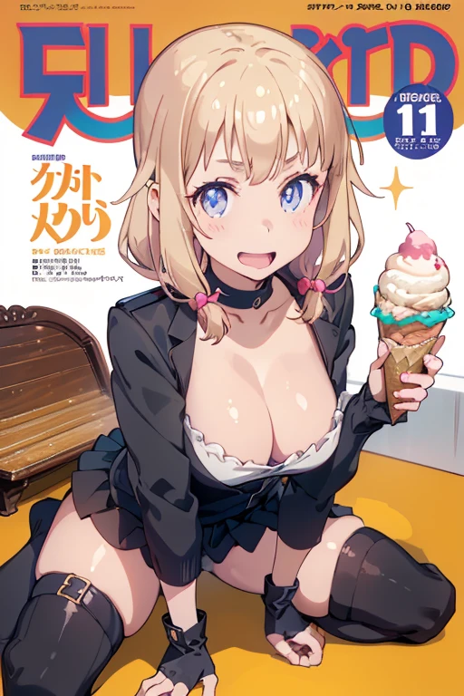 1 girl, small nose, very beautiful detailed face and eyes, bright colors, cute face, delicate beautiful face, Bright magenta eyes, cute eyes, sparkling eyes, Big eyes, (small breasts:1.3), (perky chest:1.1), (pointed chest:1.0), (icecream magazine cover:1.3),highest quality, WorKs of masters, High resolution,BlacK color hair,shiny hair, side ponytail,hair between eyes,bangs, (black jacket, real clothes, cleavage, black skirts, black thighhighs, thigh strap, fingerless gloves, single glove:1.2) , spread legs, panties shot, medium hips, glamorous body, white skin, smile, thin pubric hair, super beautiful face, Super beautiful eyes, Super beautiful hair,trendy outfit,sexy and attractive,full body esbian, Real World, Natural light,perfect Natural light,(with sparkling eyes and a contagious smile), This masterpiece is not only visually stunning but also tells, make of cake cooking , in the kitchen, open mouth, looking at viewer,