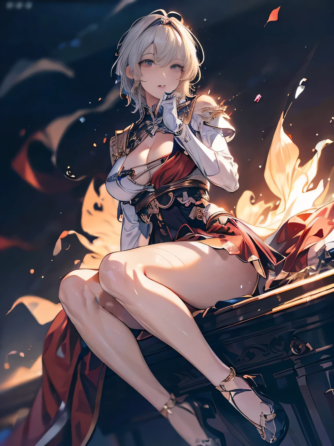 (( (masterpiece),(Very detailed CG Unity 8k wallpaper),(Bust Shot:1.5), highest quality,Cinema Lighting,Photorealistic, Detailed Background,Beautiful and beautiful eyes,Bright Eyes,(Very elegant and beautiful),(Beautifully detailed eye depiction),Very detailed,masterpiece,High resolution)), Richly decorated armor, Beautiful Female Warrior, short hair, Platinum Blonde Hair, Cleavage、Various actions、Various clothes、Red costume、Various poses、Colorful costumes、whole body、Beautiful feet