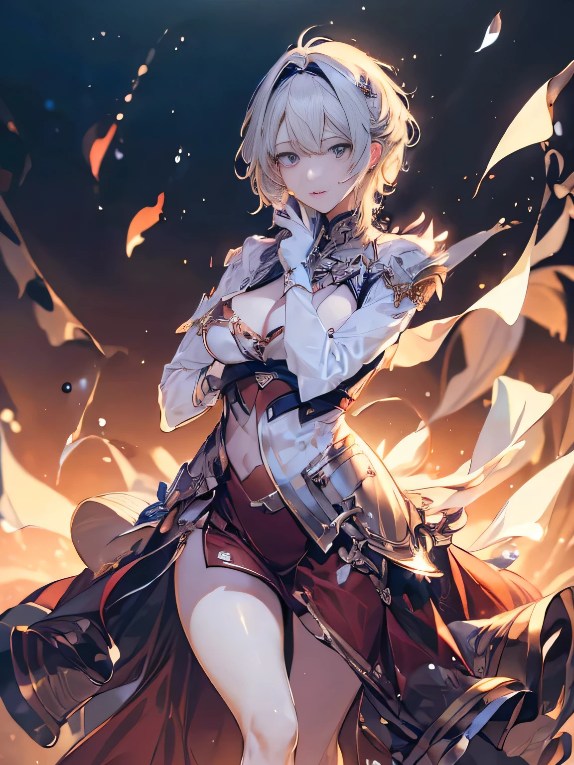 (( (masterpiece),(Very detailed CG Unity 8k wallpaper),(Bust Shot:1.5), highest quality,Cinema Lighting,Photorealistic, Detailed Background,Beautiful and beautiful eyes,Bright Eyes,(Very elegant and beautiful),(Beautifully detailed eye depiction),Very detailed,masterpiece,High resolution)), Richly decorated armor, Beautiful Female Warrior, short hair, Platinum Blonde Hair, Cleavage、Various actions、Various clothes、Red costume、Various poses、Colorful costumes、whole body、Beautiful feet