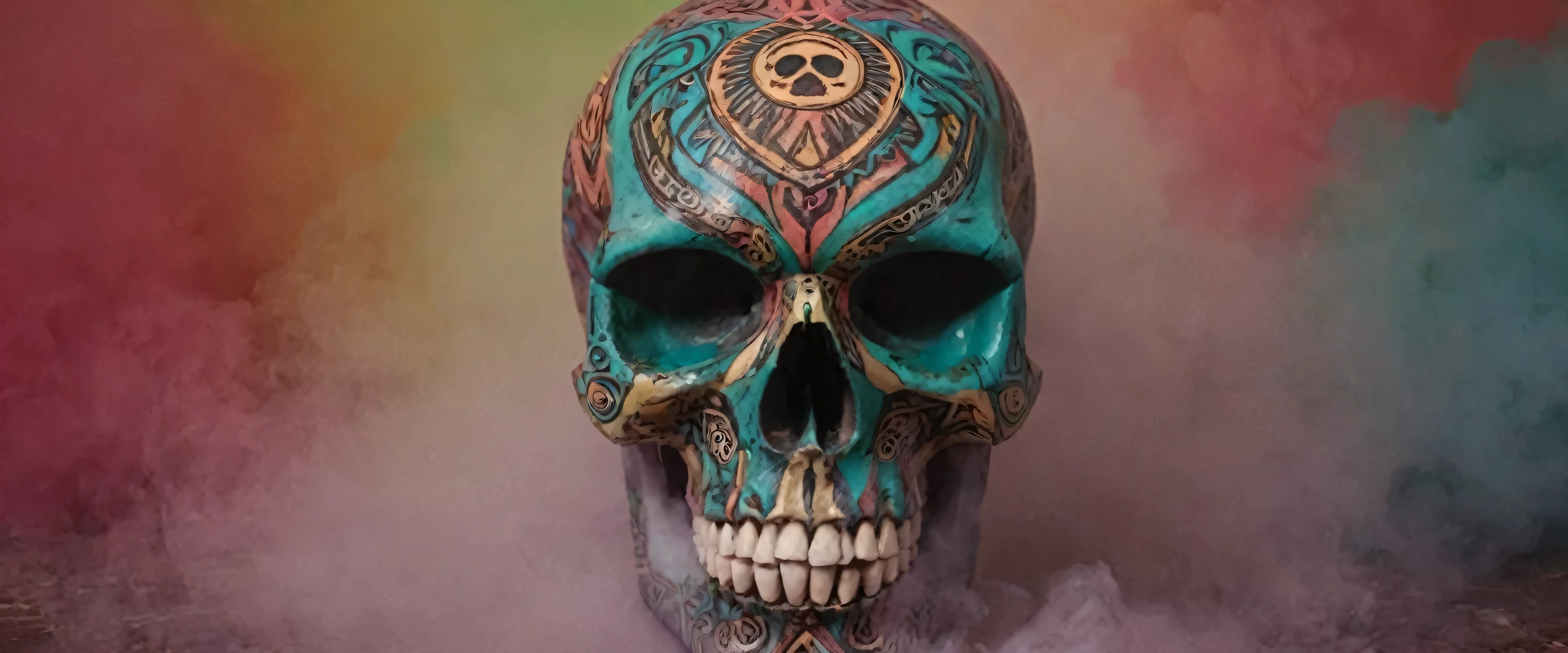 ral-3dwvz, a skull caved with tribal symbols, looking at camera, eye contact, symmetrical view, multi-colored smoke in the background