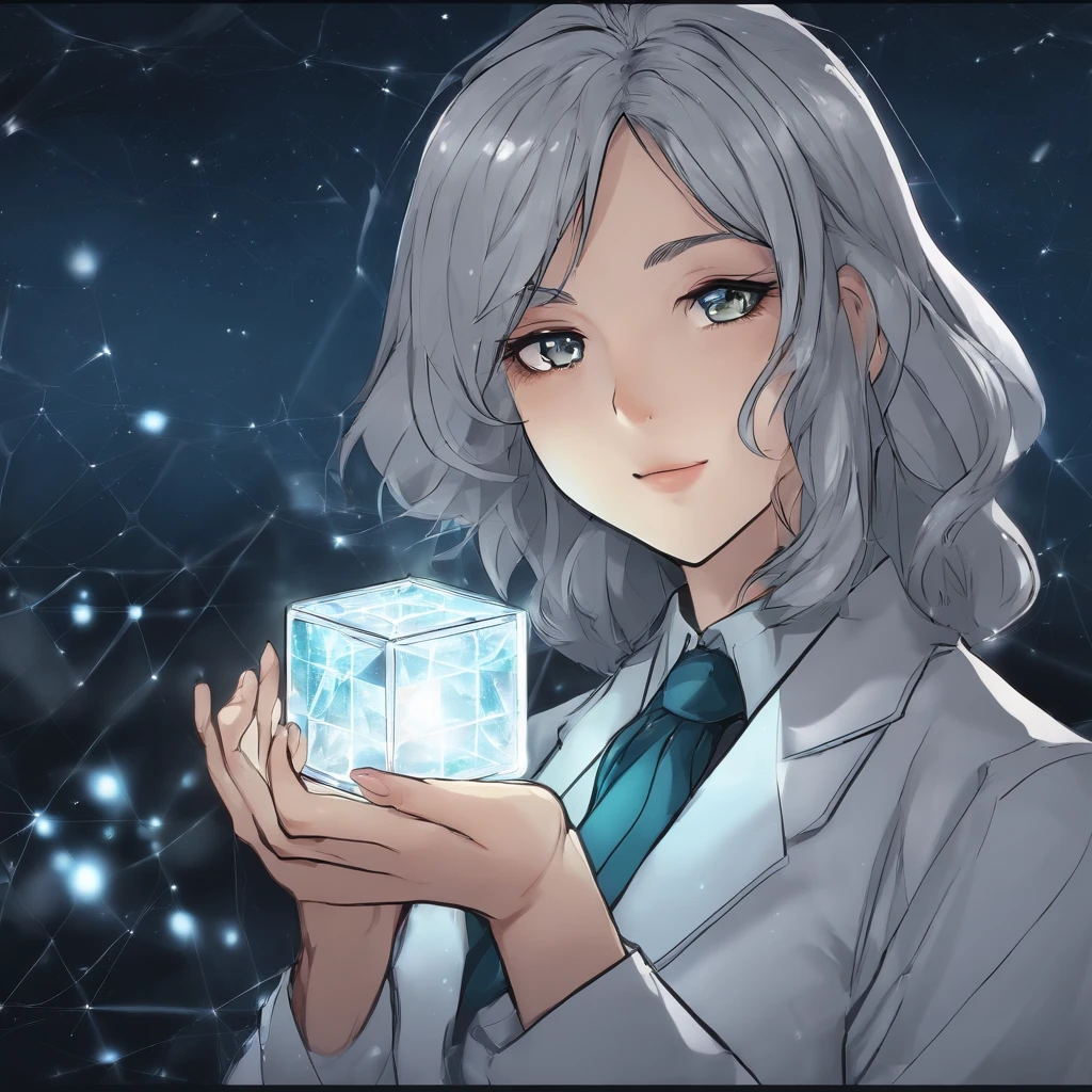 Young scientist with gray hair. holding a cube. Anime style. 4k. pen lines