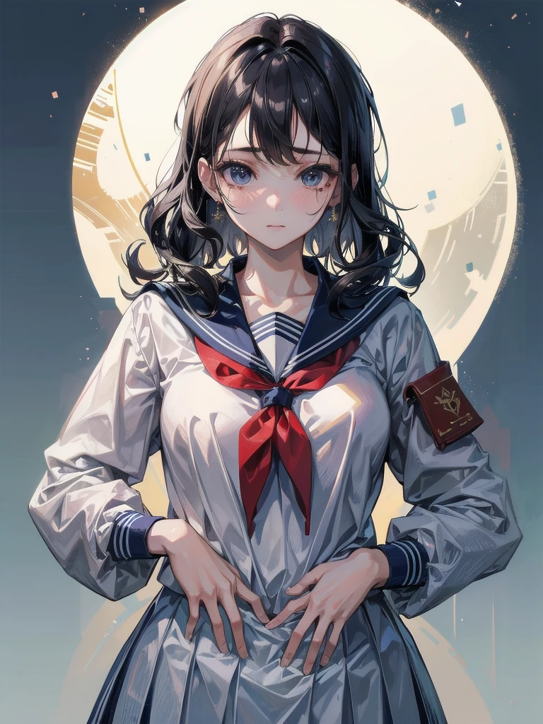 sailor uniform, school_uniform, absurdres, RAW photo, extremely delicate and beautiful, masterpiece, Best Quality, ultra high resolution, 32k, hyperrealistic, ultra-detailed, perfect figure, tearful mole, earring, whole body shot, short medium hair, wavy hair,