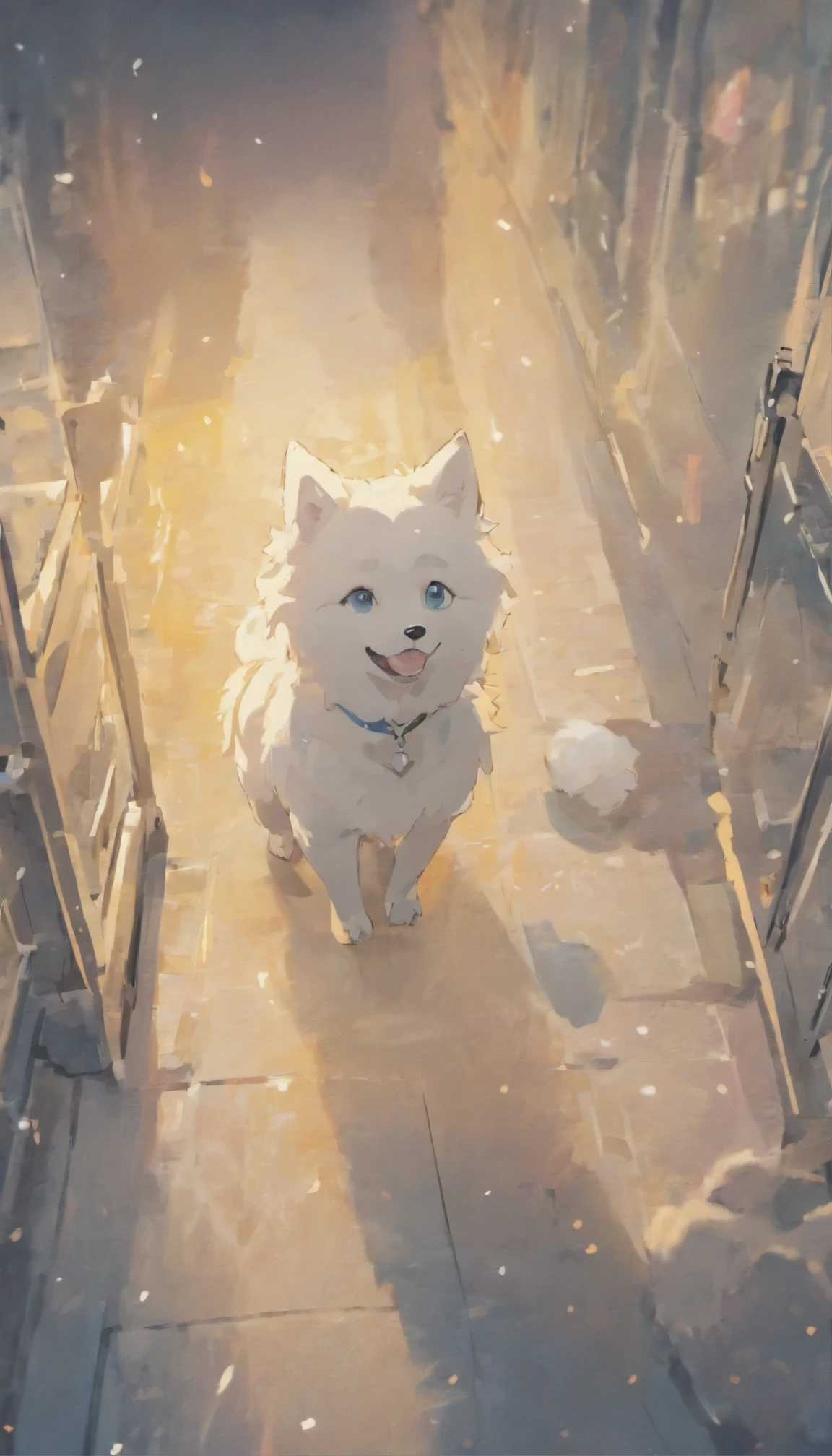 one dog,Samoyed dog,morning,Japanese animation,An illustration,high quality,morning日,blue,sunrise,最high quality,早morningのさわやかさ,beautiful