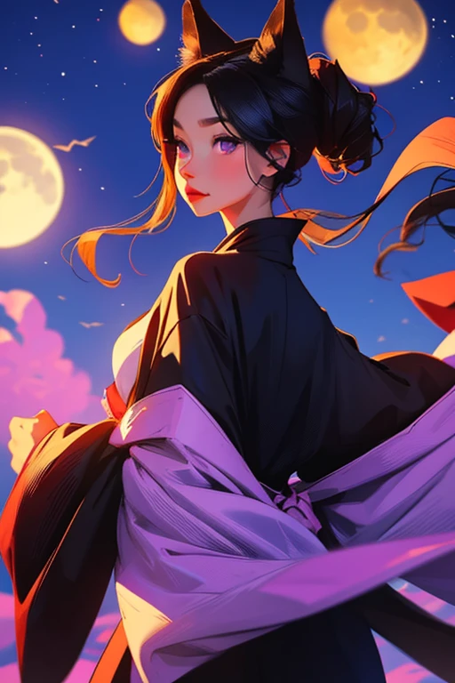 A black haired woman with violet eyes with an hourglass figure and black fox ears and a fox tail in a kimono is walking through a world with a purple moon