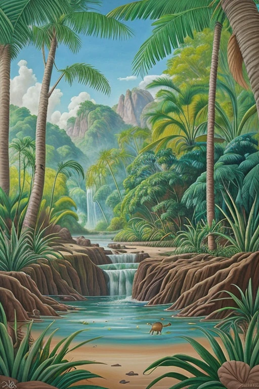 paisaje de una jungla con animales dibujada con pintura