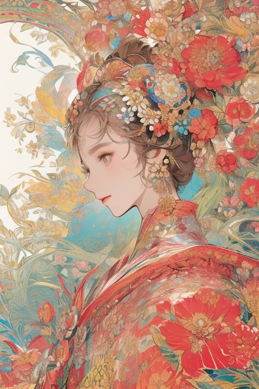 (masterpiece、highest quality、highest quality、Official Art、Beautiful, beautiful:1.4)、Picturesque、sketch、texture、Ultra-high resolution、alone、Beautiful woman、Very detailed、(Fractal Art:1.1)、(colorful:1.1)(Floral:1.6)、Most detailed、(Zentangle:1.2)、(Dynamic pose)、(Abstract background:1.2)、(Shiny skin)、(Many colors:0.8)、(Earrings:1)、(wing:0.9)、Taisho romance