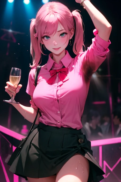 NSFW、The best texture, high quality, Ultra HD, 8k, Full body photo, Panoramic Photos, Highly detailed face, Very detailed, High detail, Ultra Clear,black and pink hair、Twin tails、Pink Shirt、Black Skirt、Black knee socks、Big Breasts、((Nightclub))、(Body odor)、A lot of guys、(Having my breasts massaged)、Leg spread、drinking champagne、((Sweat))、smile、((Masturbation))