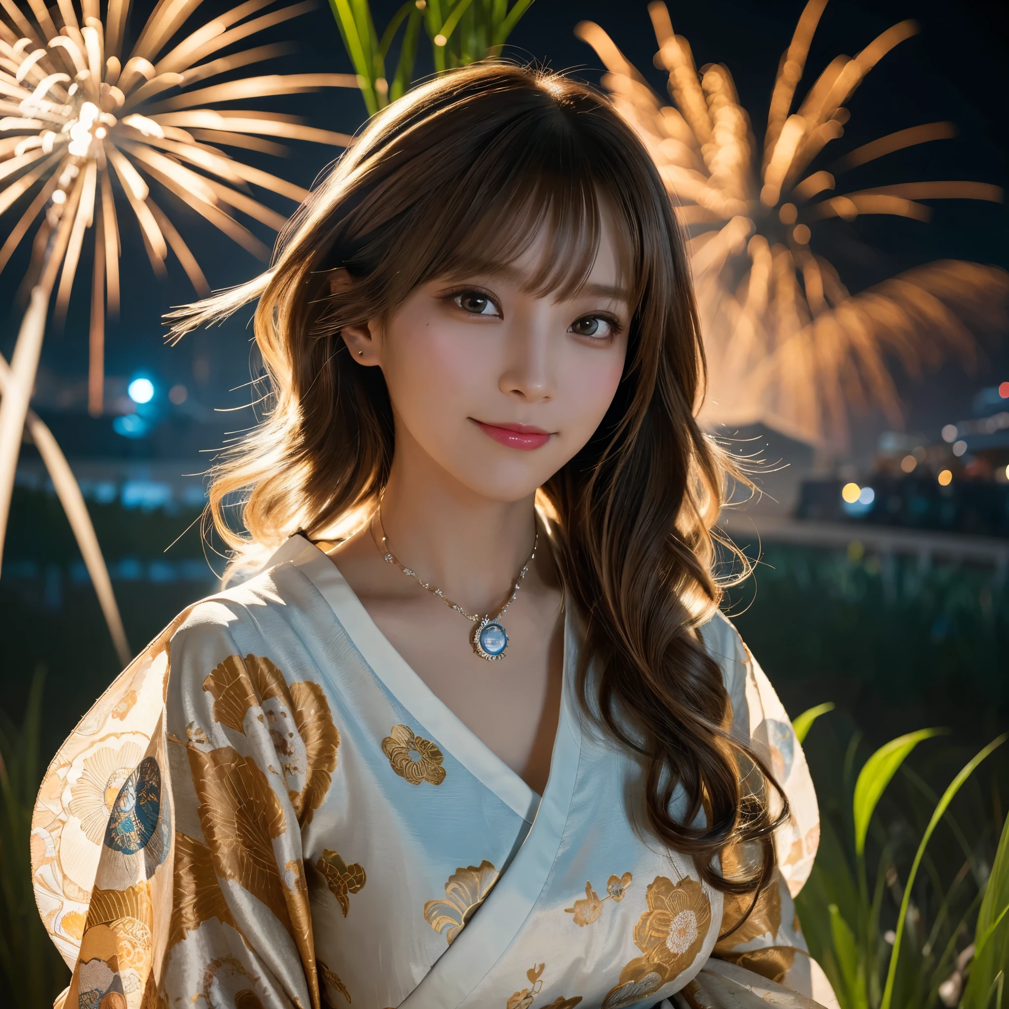(1 Sexy Woman, Solo, Brown Hair, Short Hair, Waved Hair, Japanese Idol,Floral PatternYukata:1.4), Beautiful Legs, Spot light, (Detailed Eyes, Beautiful Eyes, glossy lip, large breasts, Smile:1.3), (From Side, Cowboy Shot:1.2), (Japanese Fastival, lantern, fireworks in night sky, night sky, big fireworks, blurred background:1.3), ((anatomically correct)), (Futuristic Portrait), The beginning of a romantic love, (Most emphasize the body line:1.1), Night, Shining ultra high resolution beautiful skin、ultra high resolution glossy lips, Rim Lighting, Cinematic Light, Look at viewer, no futuro telhado de luz neon, SSCI - FI e Fantasia, intrincado e muito bonito e elegante, altamente detalhado, pintura digital, art-station, arte conceitual, smooth and sharp focus, illustration, Arte de Tan Zi e Ayanamikodon e Alphonse Mucha e Wlop