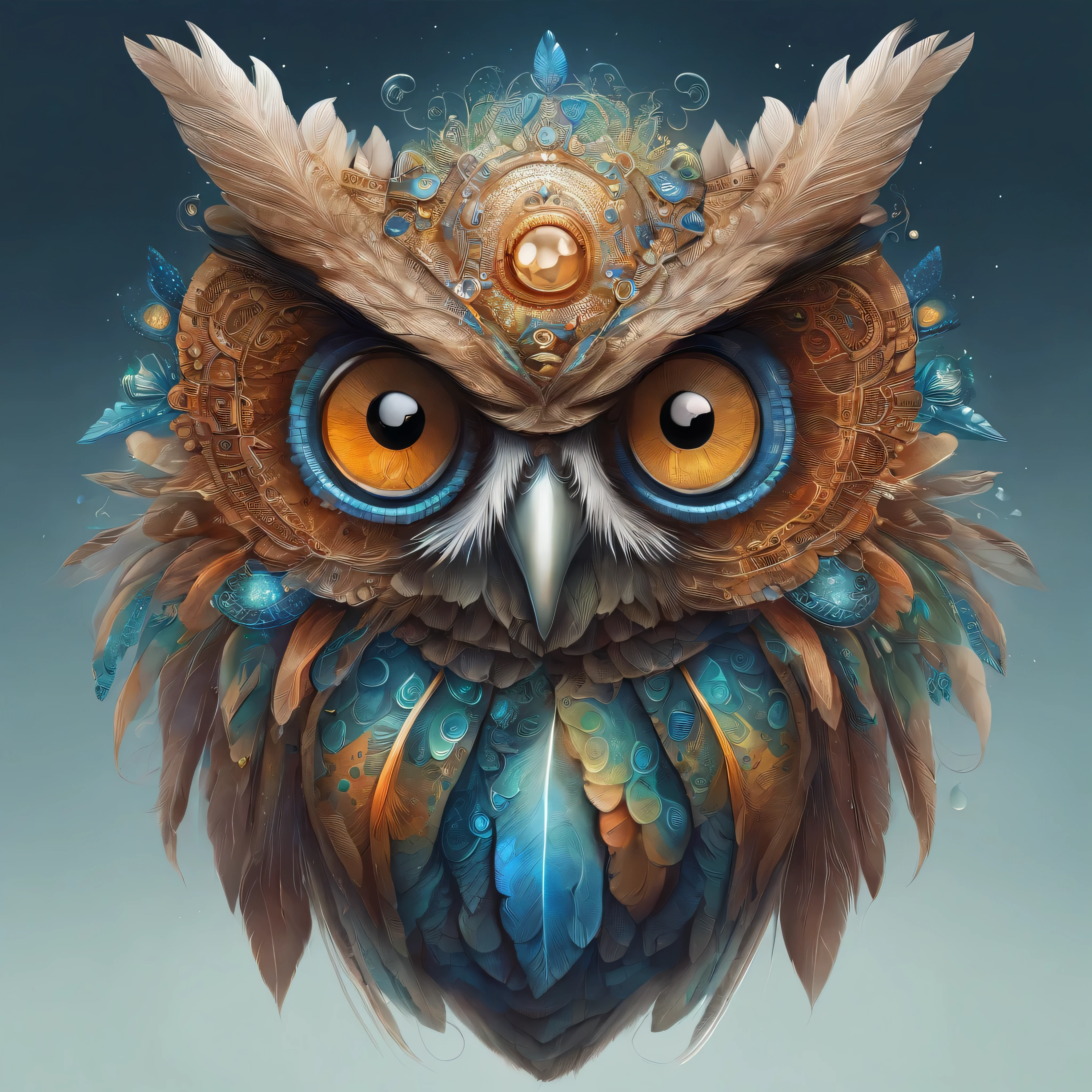 uma pintura digital de uma coruja com olhos azuis, Unrealistic engine rendering + uma deusa, Very specific, beeple global illumination, joias ornamentadas elaboradas, Trends in CGISOCIETY, Motion Graphics, Rossdraws Global Lighting, cgsociety