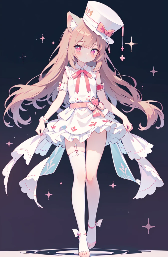 full-body shot,bishoujo, student, idol, yuri, harem,masterpiece,best quality,official art,extremely detailed CG unity 8k wallpaper,, long hair, dark reddish brown hair,swept bangs, cute face, beautiful detailed eyes, aqua eyes, embarrassed , blush, shy, looking at viewer, greyish pink eyes,White short sleeved pajamas,leg belt, leg lock, neck garter, Light pink white stockings with high transparency, no shoes,arm strap, armlet, A light pink sleeping hat with animal ears and a red bow on top,Slim toes, elegant arches, curvaceous ankles, slender legs, rounded toe contours, smooth and delicate skin, warm and healthy skin tone,Slender and tender legs,