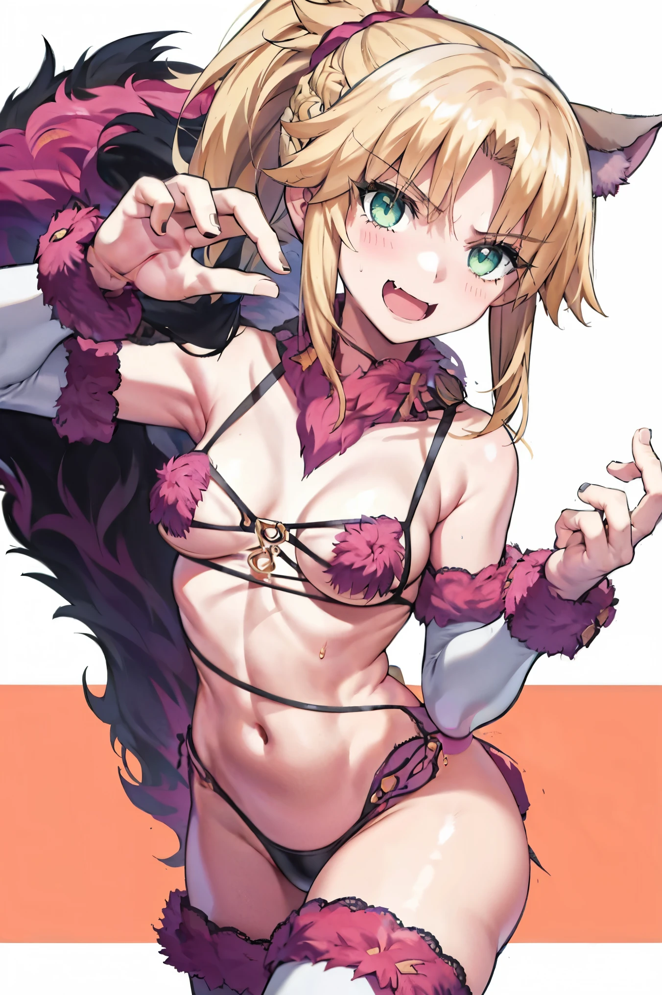 Masterpiece, Best Quality, illustration, city, 1girl, Mordred \(fate\), collarbone, Detailed blond hair ponytail braid, green eyes,,navel,thigh-high, covered_pussy,flat_chest,long_sworddangerousbeast,elbow_gloves,
,wolf_tail,wolf_ears,fang,happy,nihil,smile,spread_legs,claw_pose,armpits,open_mouth,angry,squat,bikini_bottoms,rise_hands,Highquality_hads,perfect_fingers,