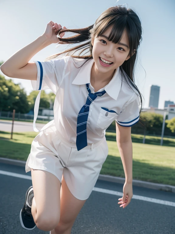 running、Big Laugh，1 girl, alone, Full Body Shot、Japanese girl, 12 years old, (highest quality, Realistic, High resolution, 8k, Super detailed, Detailed face, Shiny skin), Japanese , Collared shirt, White shirt, Ribbon tie, Black Hair, ragged bangs, Straight Hair,blue sky、Schoolyard