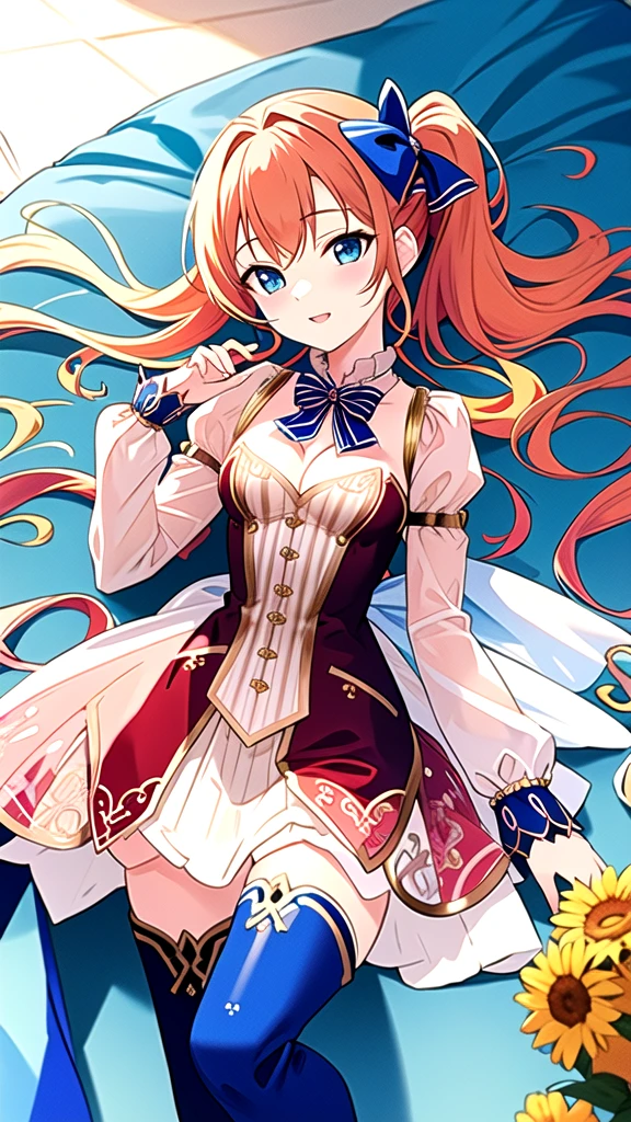 best quality, ultra-detailed, an extremely delicate and beautiful, high resolution, extremely detailed CG, masterpiece,
nelke_cos,
see-through,dress, long sleeves, striped bow,bow,
blue footwear, blue thighhighs,thighhighs,thigh boots,
(small breasts:1.2),(flat chest:0.5),
dynamic pose,cowboy shot,
turquoise blue  eyes,
one side up hair,
front ponytail,
orange color  hair,lying on stomach,
、Completely naked
Completely naked
