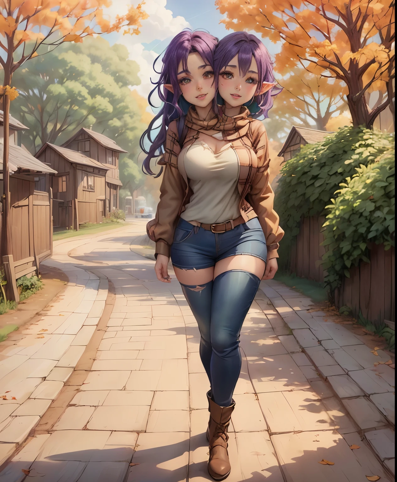 anime girl with purple hair and orange eyes walking down a path, 🍂 cute, stardew valley, elf girl, 🍁 cute, detailed fanart, forest city streets behind her, full body portrait of a short!, commission for high res, goblin girl dnd character, goddess of autumn, autumnal empress, in the autumn, anime in fantasy style, oc commission, (two heads)