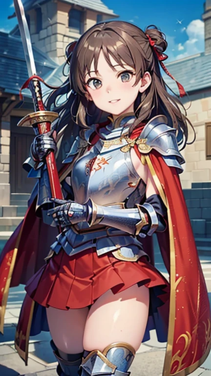 Tachibana Arisu, Knight girl posing for a photo, cute女の子, (((UHD)), ((highest quality)), ((masterpiece)), (Very detailed), (High resolution), (Beautiful detailed sparkle), (High detail), (Anatomically correct)), ((Realistic)), ((The best CG)), Ultra-detailed art, CG illustration, 8k, 1080P, Photorealistic:1.37, Anime 2D Rendering,
(((One Woman))),
(Symmetrical facial features:1.4, Perfect Face), Beautiful clavicle, (Beautiful fingers), (Beautiful breasts, ((Small breasts))),
Beautiful body, Beautiful thighs, Beautiful feet, Perfect round butt, (((Detailed skin, Oily skin, Textured skin, Beautiful white skin:1.4))),
(((, cute, 10 s old)d Eyes, Expression of fine eyes, Beautiful and delicate eyes, Sparkling eyes, Eye Reflexes, Dark blue eyes),
(Beautiful Nose,Thin Nose),
(Smaller mouth, Glossy Lips, Beautiful Lips, thick lips),
(Beautiful Hair, Shiny Hair, Shiny Hair), Hair fluttering, (Blonde:1.4, Two Side Up:1.4、Red string ribbon),
(((Silver Armor:1.4、Decorated red breastplate、Armor like a skirt、Gauntlet、Shin Guards、Red Cape、Holding a sword:1.2)))、
BREAK
(laughing、smile),
BREAK
(noon、(Fantasy world castle gate:1.4、blue sky)), ((Cowboy Shot))