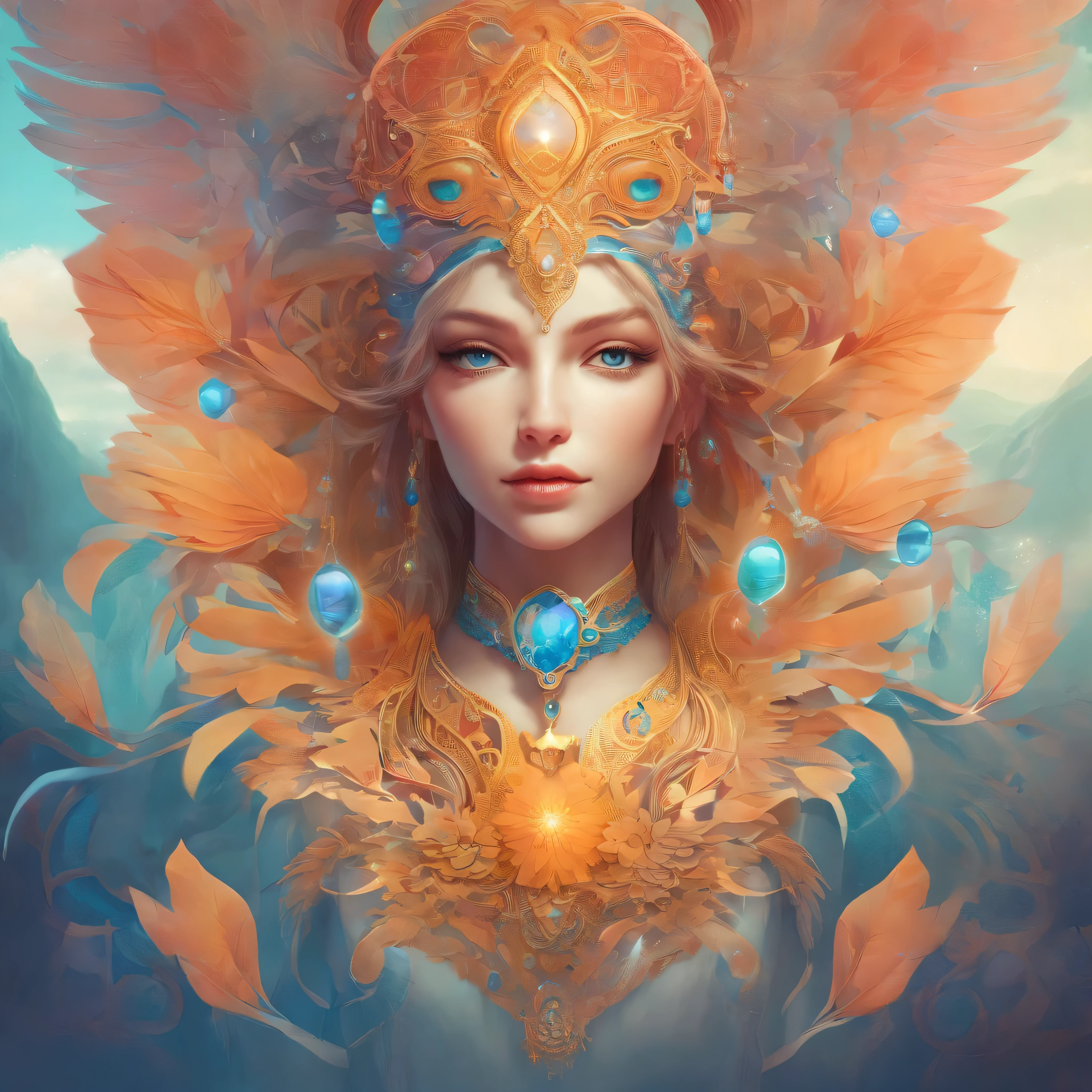uma pintura digital de uma coruja com olhos azuis, Unrealistic engine rendering + uma deusa, Very specific, beeple global illumination, joias ornamentadas elaboradas, Trends in CGISOCIETY, Motion Graphics, Rossdraws Global Lighting, cgsociety