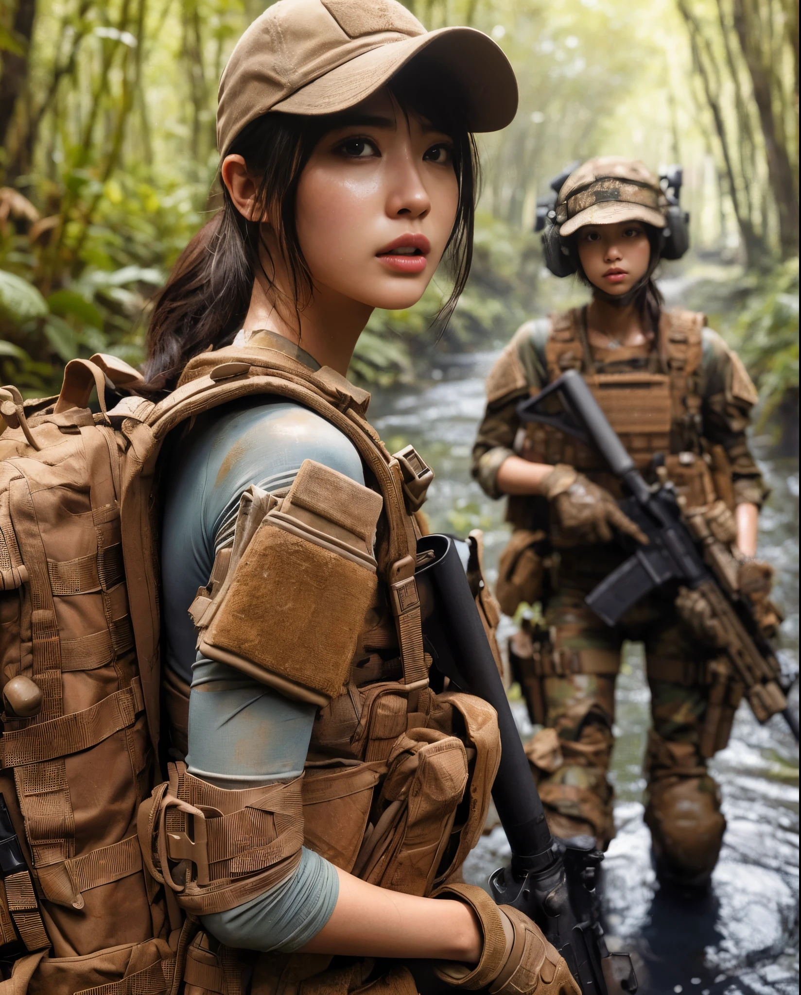 8k,Realistic Skin Texture、Superrealism、Realistic Photo、Japanese Women in the U.S. Army、Bulletproof vest、、Navigate the swamp as a team、Confused expression、backpack、cap、Heavy equipment、Dynamic action pose、fiction、A groundbreaking composition、Sweaty