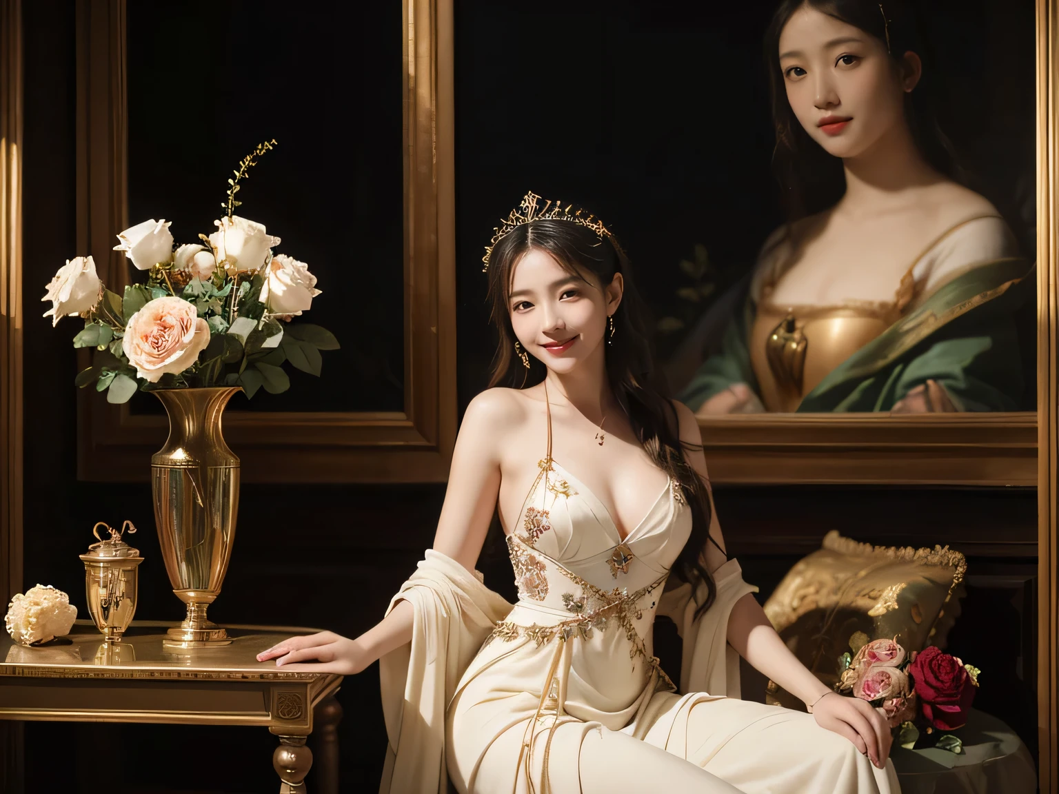 Giorgione painting style,Arguments of two female Philosophe,math、astronomical machine、astronaut、roses in vase、fruits、Cute trinkets、smile、ancient greek costume、Background is a forest lake at night 、Clothes that stretch your shoulders、A big smile、beautiful bare skin、A detailed representation of the seducing woman throughout her body.
