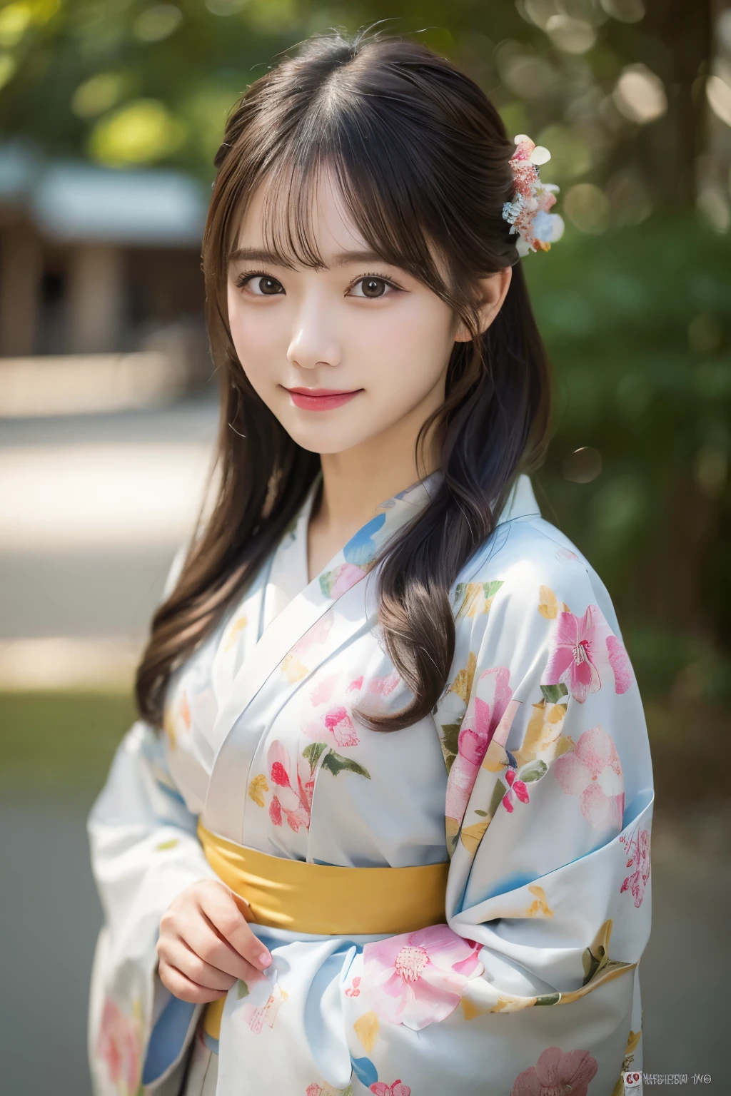（kimono）、(highest quality、8k、High resolution、masterpiece:1.2)、Very detailed、(Realistic、photoRealistic、photo-Realistic:1.37)、Bokeh、Portraiture、No makeup、smile、(Beautiful and detailed eyes)、Detailed face、Depth of written boundary、chromatic aberration、Use natural light and color、Wide range of lighting、Natural Shading