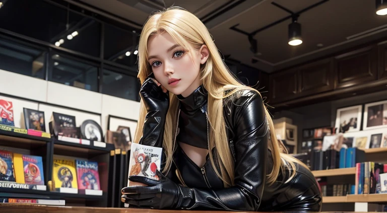 Big blow-up of  Girl in a  magazine shop, holding a  big VOGUE fashion magazine in her hand, depicting the face of blonde , in her hands with fingerless black leather gloves, 