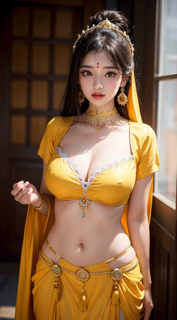 Une femme en frock posant pour une photo, Indian, ((very big breasts 1.9)), traditional beauty, Indien, beautiful girl, Ornate Cosplay, en tailleur, Super mannequin indien, Belle jeune fille, femme magnifique, Asie du Sud-Est avec Long, Indien provocateur, magnifique belle femme, Tenue complexe, Hindu aesthetics, belle fille asiatique, Extremely detailed shot of the girl, jaw dropping beauty, Big breasts deep neckline sexy navel, huge breasts