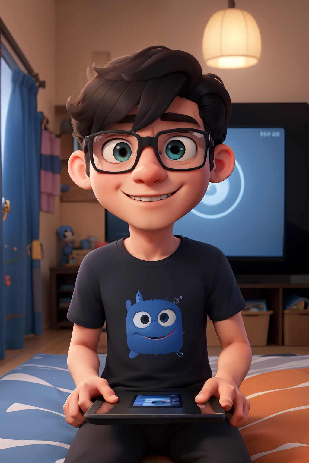 A nerd boy with glasses, using tablet to  play games, eyes on tablet screen, blue light coming from tablet, on his bedrooom, black t-shirt, black hair, very exciting 