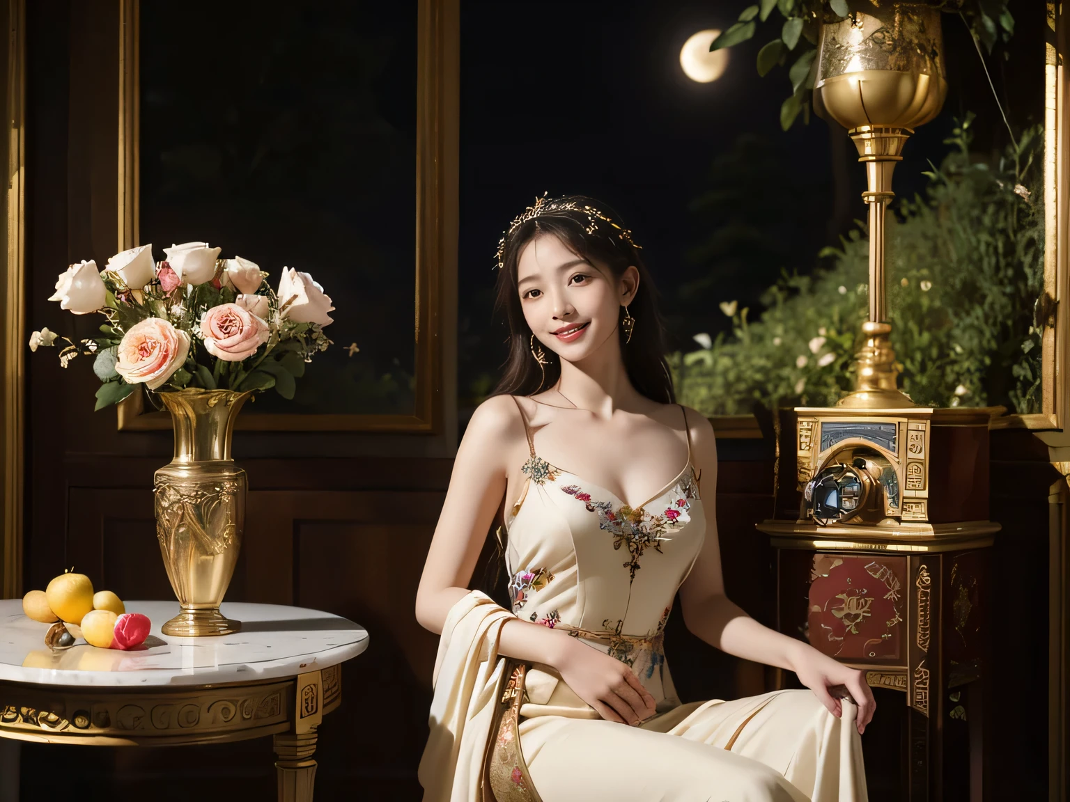 Giorgione painting style,Arguments of two female Philosophe,math、astronomical machine、astronaut、roses in vase、fruits、Cute trinkets、smile、ancient greek costume、Background is a forest lake at night 、Clothes that stretch your shoulders、A big smile、beautiful bare skin、A detailed representation of the seducing woman throughout her body.