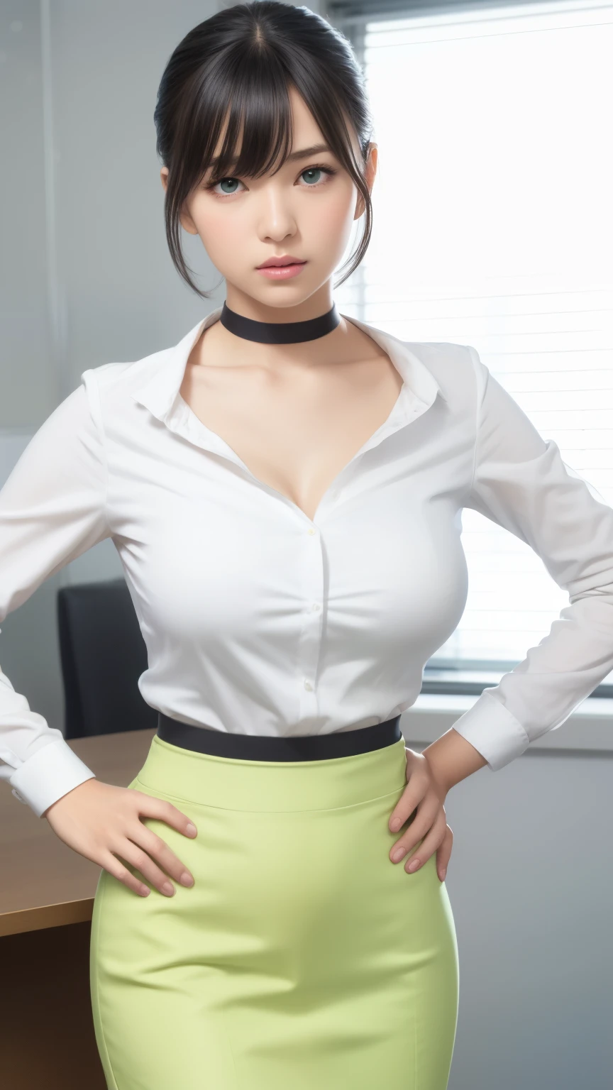 1girl, natural lighting, masterpiece, highly detailed, illustration, game CG, absurdres, high quality, aichan, (large breasts), beautiful green detailed eyes, short black hair, ponytail, bangs, glossy lips, office, standing, collarbone, choker, white shirt, pencil skirt, hands on hips