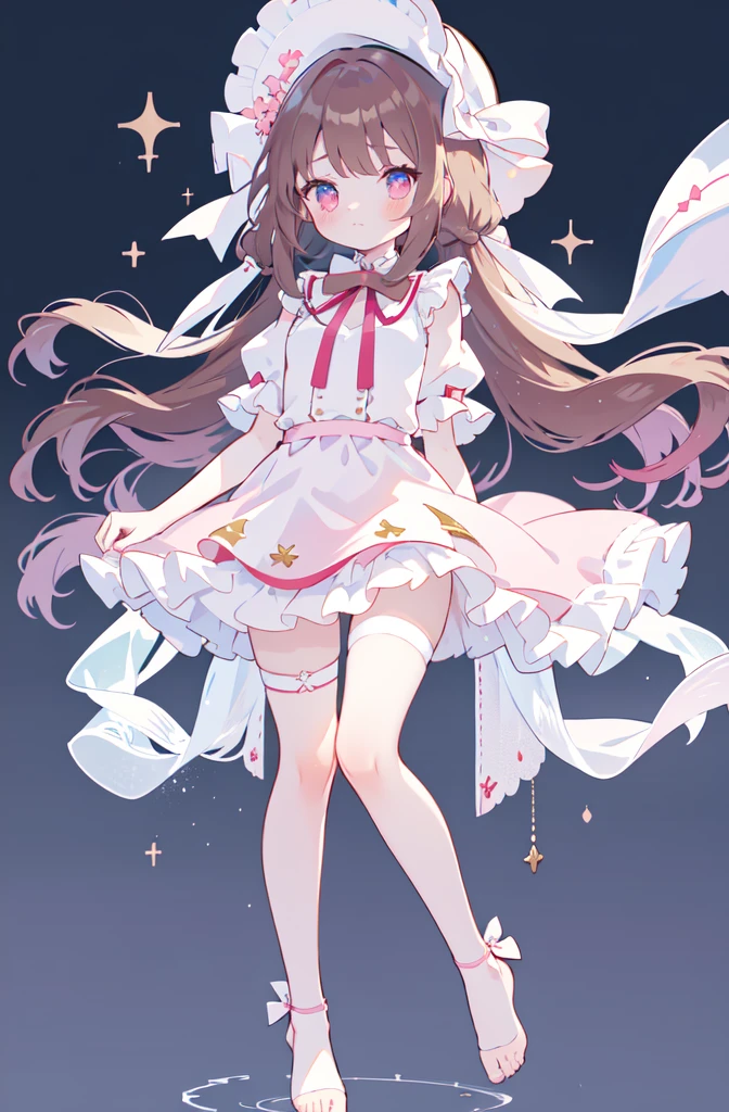 full-body shot,bishoujo, student, idol, yuri, harem,masterpiece,best quality,official art,extremely detailed CG unity 8k wallpaper,, long hair, dark reddish brown hair,swept bangs, cute face, beautiful detailed eyes, aqua eyes, embarrassed , blush, shy, looking at viewer, greyish pink eyes,White short sleeved pajamas,leg belt, leg lock, neck garter, Light pink white stockings with high transparency, no shoes,arm strap, armlet, A light pink sleeping hat with animal ears and a red bow on top,Slim toes, elegant arches, curvaceous ankles, slender legs, rounded toe contours, smooth and delicate skin, warm and healthy skin tone,Slender and tender legs,