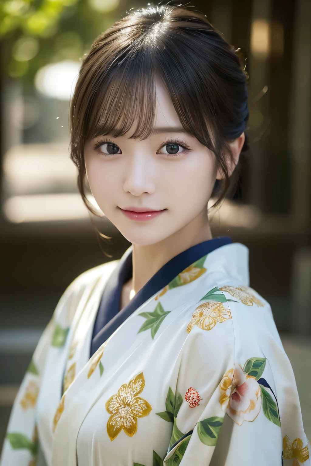 (kimono)、(highest quality、8k、High resolution、masterpiece:1.2)、Very detailed、(Realistic、photoRealistic、photo-Realistic:1.3)、Bokeh、Portraiture、smile、(Beautiful and detailed eyes、Young face、Detailed face、No makeup、A little backlight)、Depth of written boundary、chromatic aberration、Use natural light and color、Wide range of lighting、Natural Shading、Caustics