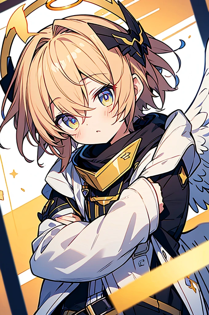 anime style,Mythically cute shota seraph,hyper cute shota,seraph wings,(helmet-shaped-halo floating above head)