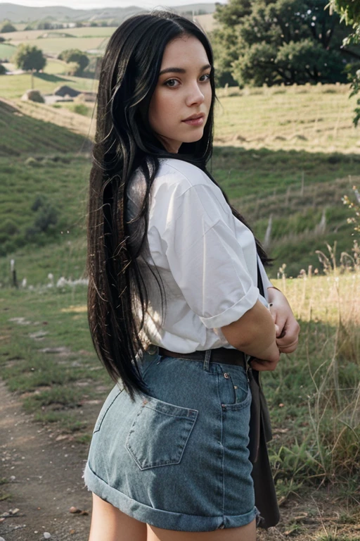 A young white female with long black hair in the countryside
