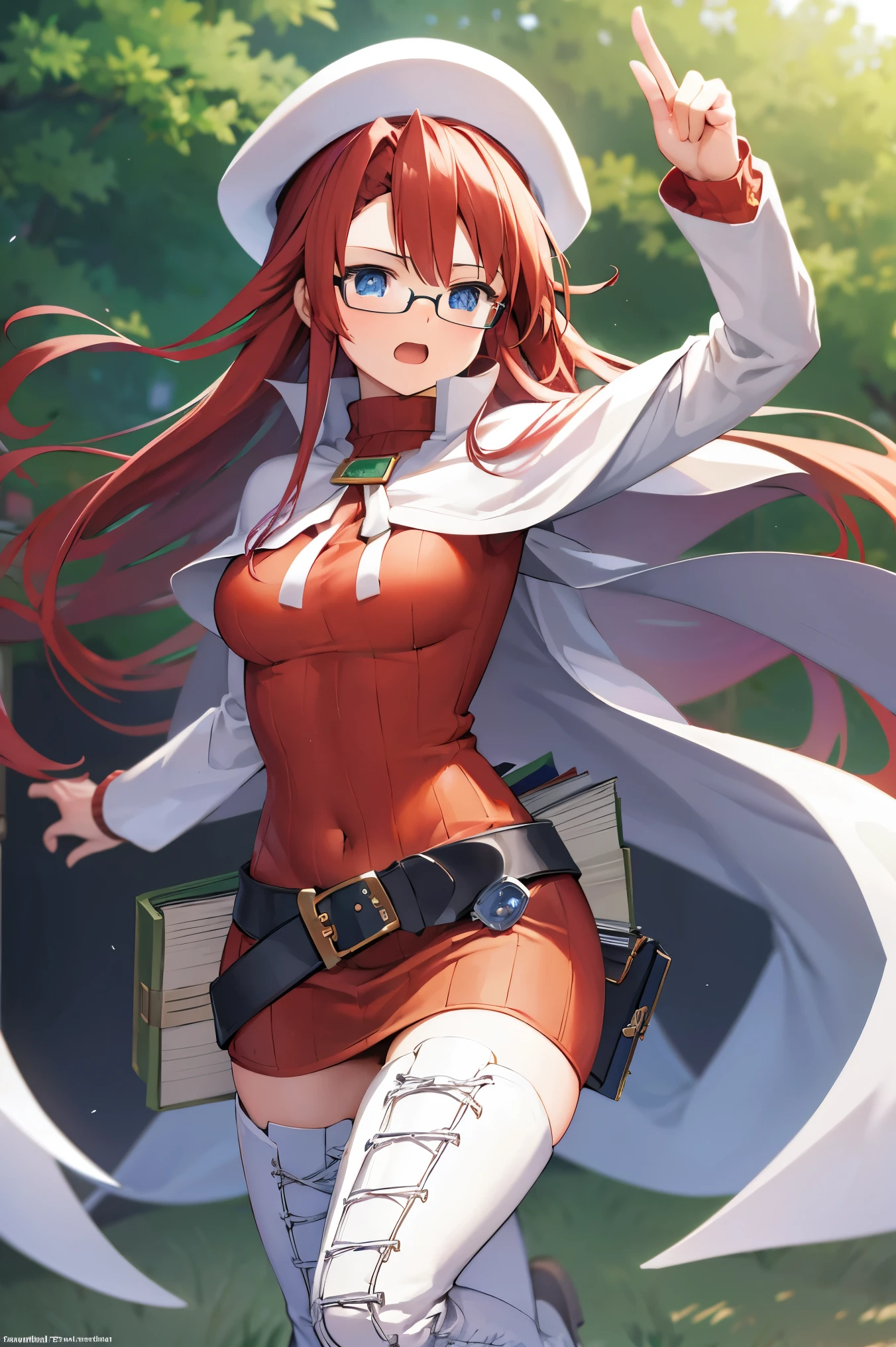 summonnightaty, aty, (young:1.3),long hair, blue eyes, red hair, large_beret, hat, glasses,
BREAK long hair, thighhighs, hat, dress, boots, glasses, belt, cape, sweater, zettai ryouiki, beret, thigh boots, white footwear, ribbed sweater, loose belt,solo,
BREAK outdoors, fantasy,on_cobblestone
,,Highquality_hads,perfect_fingers,
BREAK (masterpiece:1.2), best quality, high resolution, unity 8k wallpaper, (illustration:0.8), (beautiful detailed eyes:1.6), extremely detailed face, perfect lighting, extremely detailed CG, (perfect hands, perfect anatomy),covered_nipples,covered_navel ,half_eyes:,long_sword,armpit,sleepy,dynamic_fighting_pose,barrel,red_sweater,apart_legs,magical_effect,spread_legs, have_a_book,teacher,rise_knee,angry,open_mouth,rise_hand,shout,