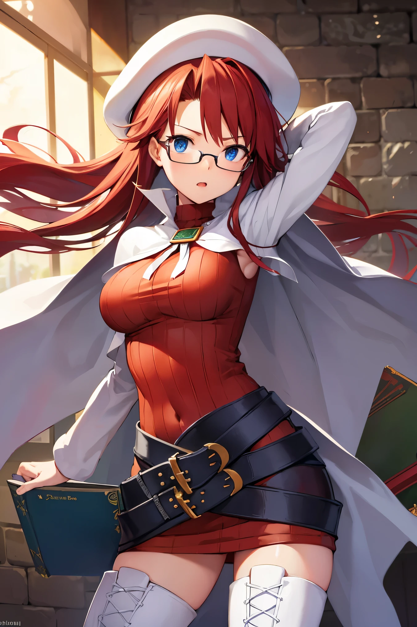 summonnightaty, aty, (young:1.3),long hair, blue eyes, red hair, large_beret, hat, glasses,
BREAK long hair, thighhighs, hat, dress, boots, glasses, belt, cape, sweater, zettai ryouiki, beret, thigh boots, white footwear, ribbed sweater, loose belt,solo,
BREAK outdoors, fantasy,on_cobblestone
,,Highquality_hads,perfect_fingers,
BREAK (masterpiece:1.2), best quality, high resolution, unity 8k wallpaper, (illustration:0.8), (beautiful detailed eyes:1.6), extremely detailed face, perfect lighting, extremely detailed CG, (perfect hands, perfect anatomy),covered_nipples,covered_navel ,half_eyes:,long_sword,armpit,sleepy,dynamic_fighting_pose,barrel,red_sweater,apart_legs,magical_effect,spread_legs, have_a_book,teacher,rise_knee,angry,open_mouth,rise_hand,shout,