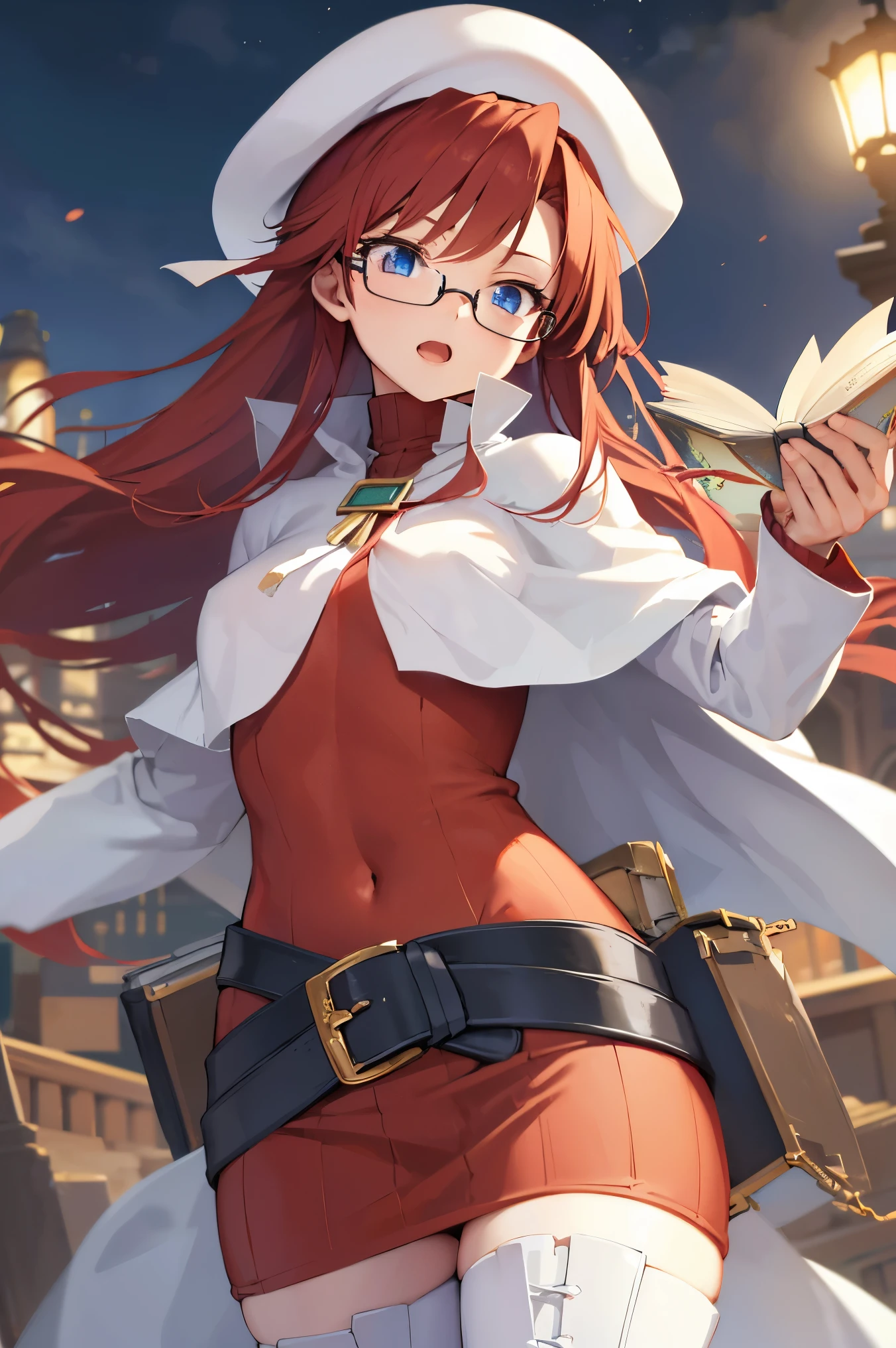 summonnightaty, aty, (young:1.3),long hair, blue eyes, red hair, large_beret, hat, glasses,
BREAK long hair, thighhighs, hat, dress, boots, glasses, belt, cape, sweater, zettai ryouiki, beret, thigh boots, white footwear, ribbed sweater, loose belt,solo,
BREAK outdoors, fantasy,on_cobblestone
,,Highquality_hads,perfect_fingers,
BREAK (masterpiece:1.2), best quality, high resolution, unity 8k wallpaper, (illustration:0.8), (beautiful detailed eyes:1.6), extremely detailed face, perfect lighting, extremely detailed CG, (perfect hands, perfect anatomy),covered_nipples,covered_navel ,half_eyes:,long_sword,armpit,sleepy,dynamic_fighting_pose,barrel,red_sweater,apart_legs,magical_effect,spread_legs, have_a_book,teacher,rise_knee,angry,open_mouth,rise_hand,shout,