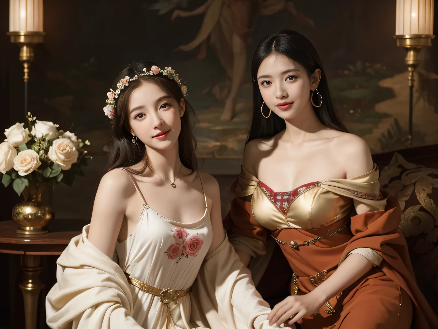 Giorgione painting style,Arguments of two female Philosophe,math、astronomical machine、astronaut、roses in vase、fruits、Cute trinkets、smile、ancient greek costume、Background is a forest lake at night 、Clothes that stretch your shoulders、A big smile、beautiful bare skin、A detailed representation of the seducing woman throughout her body.