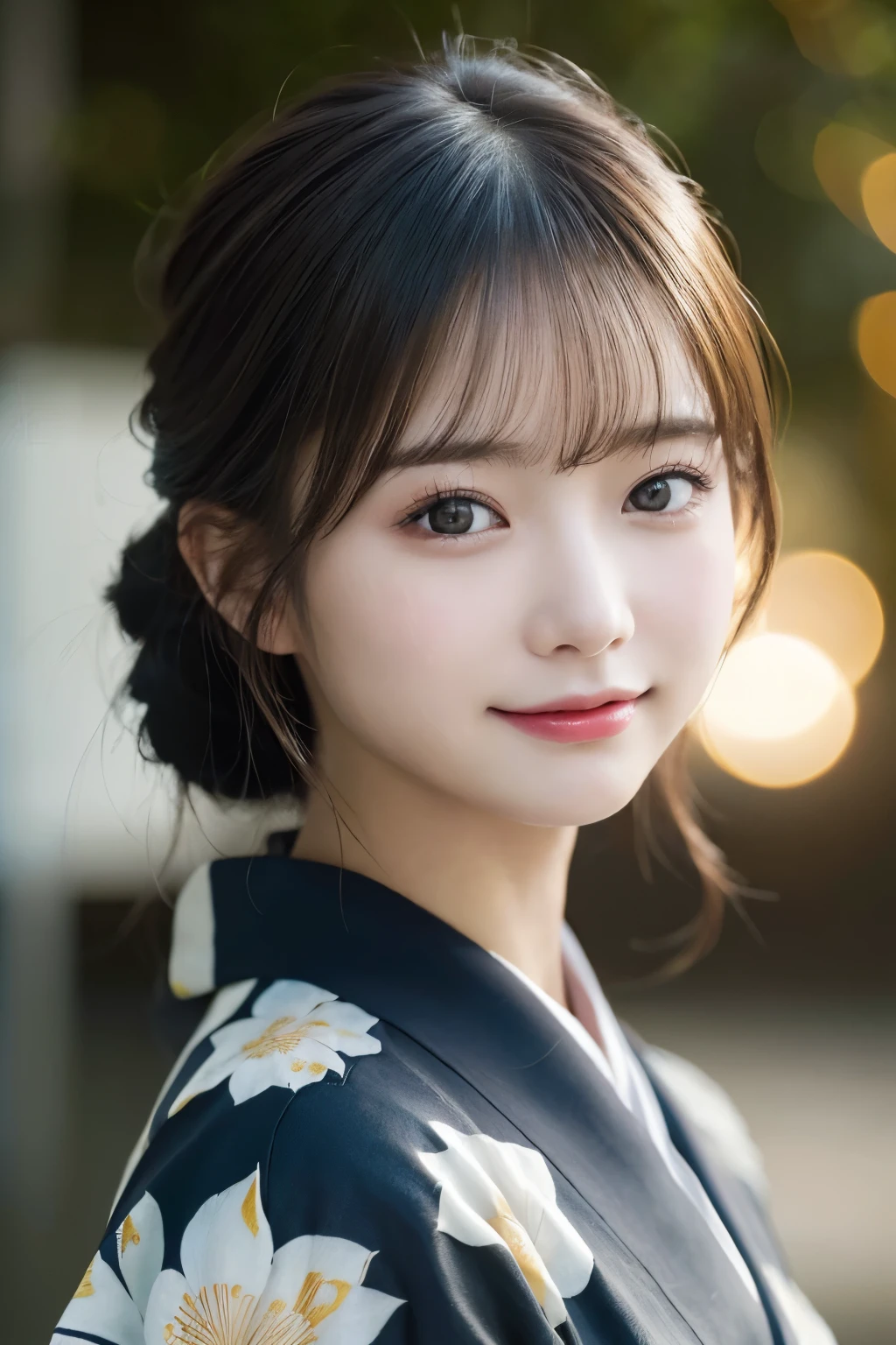 (kimono)、(highest quality、8k、High resolution、masterpiece:1.2)、Very detailed、(Realistic、photoRealistic、photo-Realistic:1.3)、Bokeh、Portraiture、smile、(Beautiful and detailed eyes、Young face、Detailed face、No makeup、A little backlight)、Depth of written boundary、chromatic aberration、Use natural light and color、Wide range of lighting、Natural Shading、Caustics