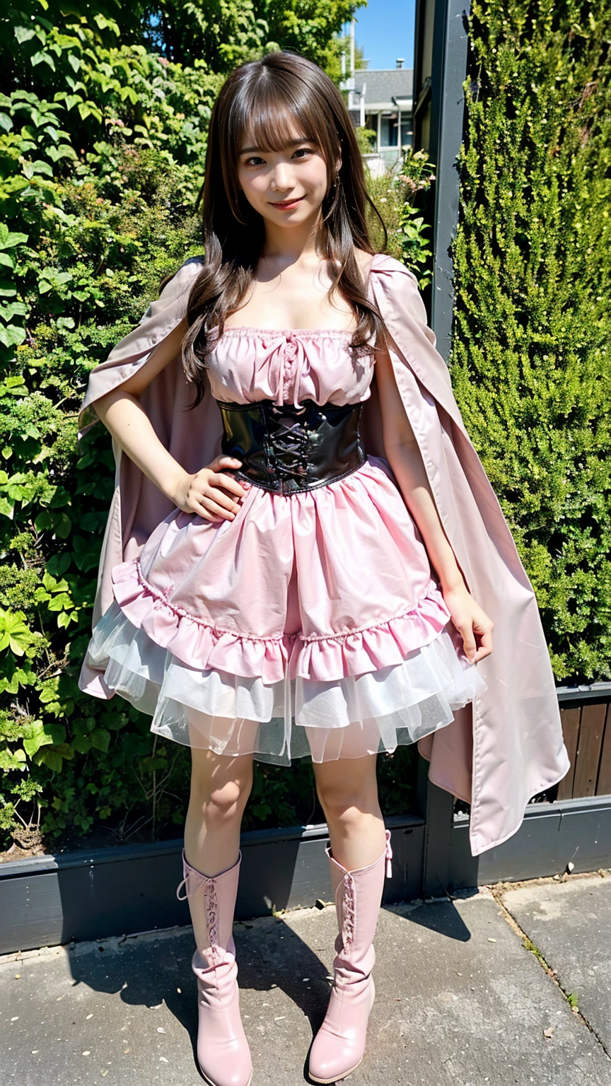 (8k、RAW Photos、highest quality、masterpiece:1.2)、(Realistic、Realistic)、1 girl、((Pink and black miniskirt、Bustier、Cape、boots、See-through、Frills、smile、I can see your feet、garden、Semi-long hair、Standing with hands on hips))、Lots of eyelashes、Glowing eyelids、skeletally correct