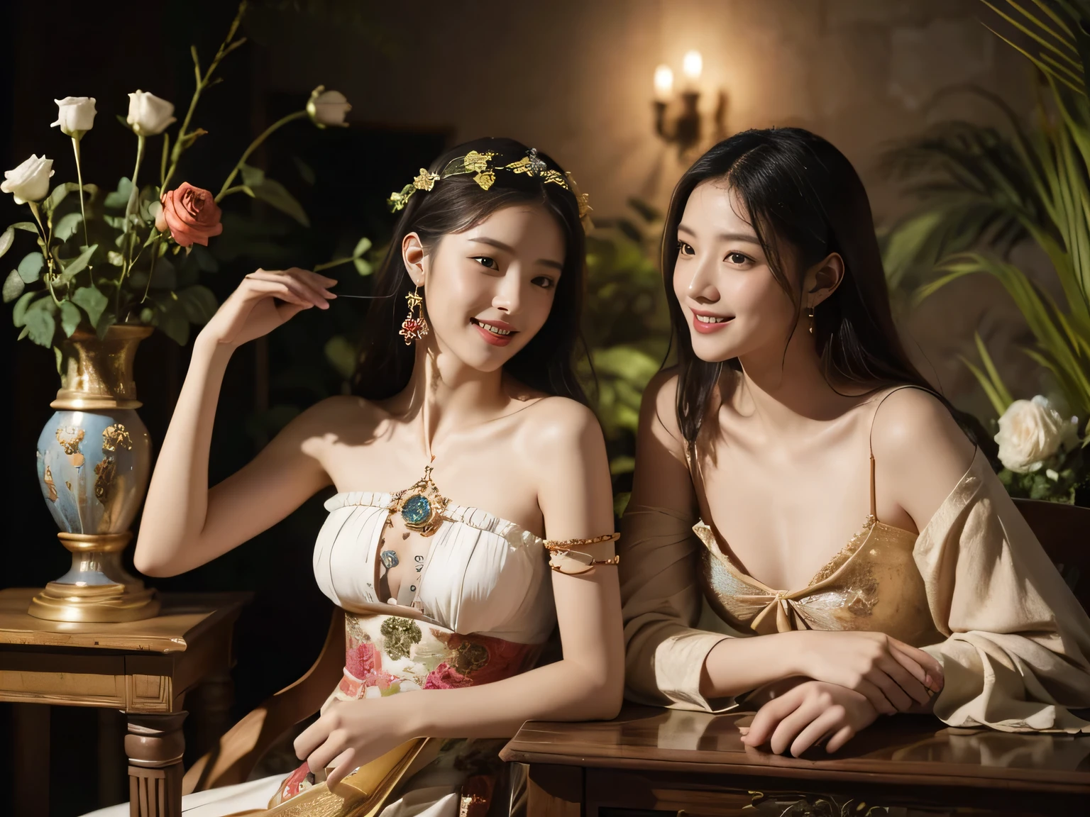 Giorgione painting style,Arguments of two female Philosophe,math、astronomical machine、astronaut、roses in vase、fruits、Cute trinkets、smile、ancient greek costume、Background is a forest lake at night 、Clothes that stretch your shoulders、A big smile、beautiful bare skin、A detailed representation of the seducing woman throughout her body.