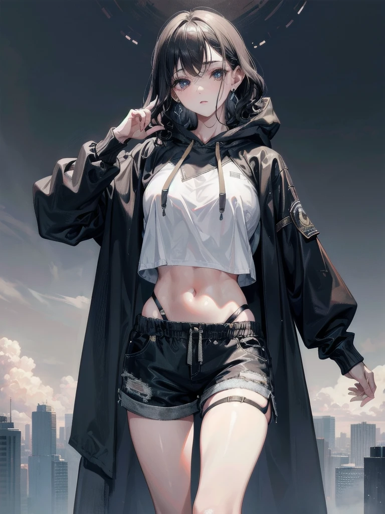 Crop Top Look, Hoodie, Shorts, absurdres, RAW photo, extremely delicate and beautiful, masterpiece, Best Quality, ultra high resolution, 32k, hyperrealistic, ultra-detailed, perfect figure, tearful mole, earring, whole body shot, short medium hair, wavy hair,