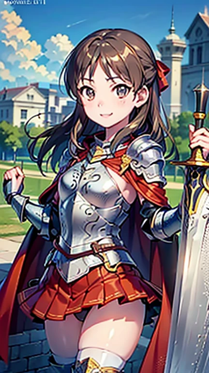 Tachibana Arisu, Knight girl posing for a photo, cute女の子, (((UHD)), ((highest quality)), ((masterpiece)), (Very detailed), (High resolution), (Beautiful detailed sparkle), (High detail), (Anatomically correct)), ((Realistic)), ((The best CG)), Ultra-detailed art, CG illustration, 8k, 1080P, Photorealistic:1.37,  Anime 2D Rendering,

(((One Woman))), 
(Symmetrical facial features:1.4, Perfect Face), Beautiful clavicle, (Beautiful fingers), (Beautiful breasts, ((Small breasts))), 
Beautiful body, Beautiful thighs, Beautiful feet, Perfect round butt, (((Detailed skin, Oily skin, Textured skin, Beautiful white skin:1.4))), 

(((, cute, 10 s old)sion of fine eyes, Beautiful and delicate eyes), 
(Beautiful Nose,Thin Nose), 
(Smaller mouth, Glossy Lips, Beautiful Lips, thick lips), 

(((Silver Armor:1.4、Decorated red breastplate、Armor like a skirt、Gauntlet、Shin Guards、Red Cape、Holding a sword:1.2)))、
BREAK 

(laughing、smile),  
BREAK 
(noon、(Fantasy world castle gate:1.4、blue sky)), ((Cowboy Shot))

