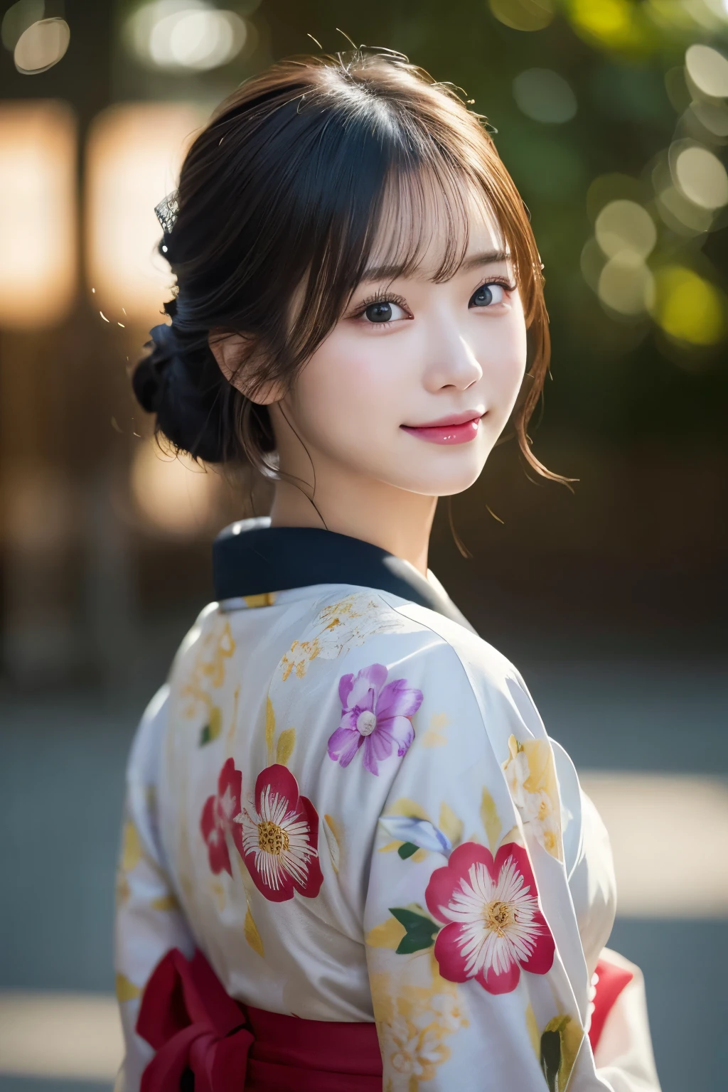 (kimono)、(highest quality、8k、High resolution、masterpiece:1.2)、Very detailed、(Realistic、photoRealistic、photo-Realistic:1.3)、Bokeh、Portraiture、smile、(Beautiful and detailed eyes、Young face、Detailed face、No makeup、A little backlight)、Depth of written boundary、chromatic aberration、Use natural light and color、Wide range of lighting、Natural Shading、Caustics