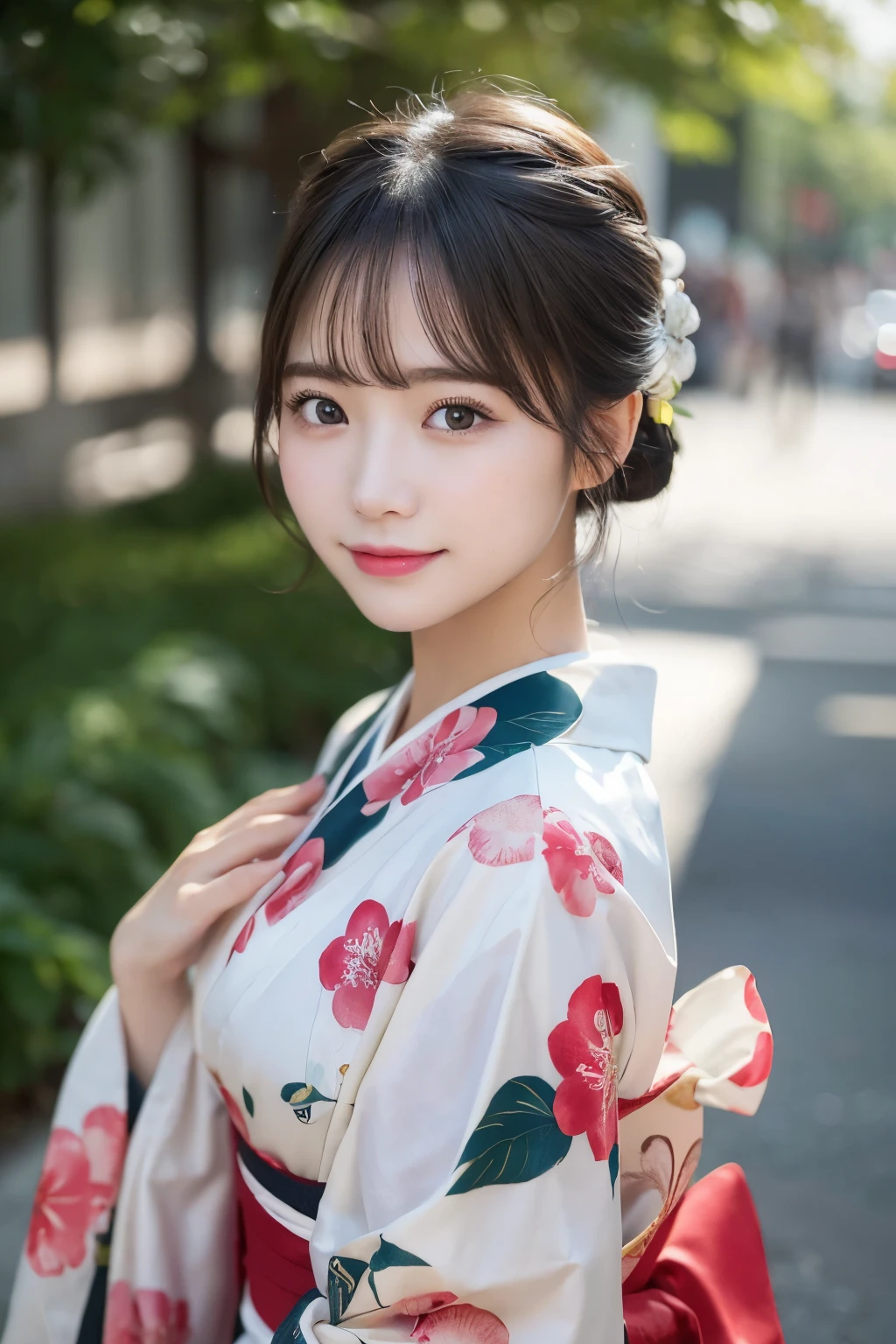 (kimono)、(highest quality、8k、High resolution、masterpiece:1.2)、Very detailed、(Realistic、photoRealistic、photo-Realistic:1.3)、Bokeh、Portraiture、smile、(Beautiful and detailed eyes、beautiful girl、Young face、Detailed face、No makeup)、A little backlight、Depth of written boundary、chromatic aberration、Use natural light and color、Wide range of lighting、Natural Shading、Caustics